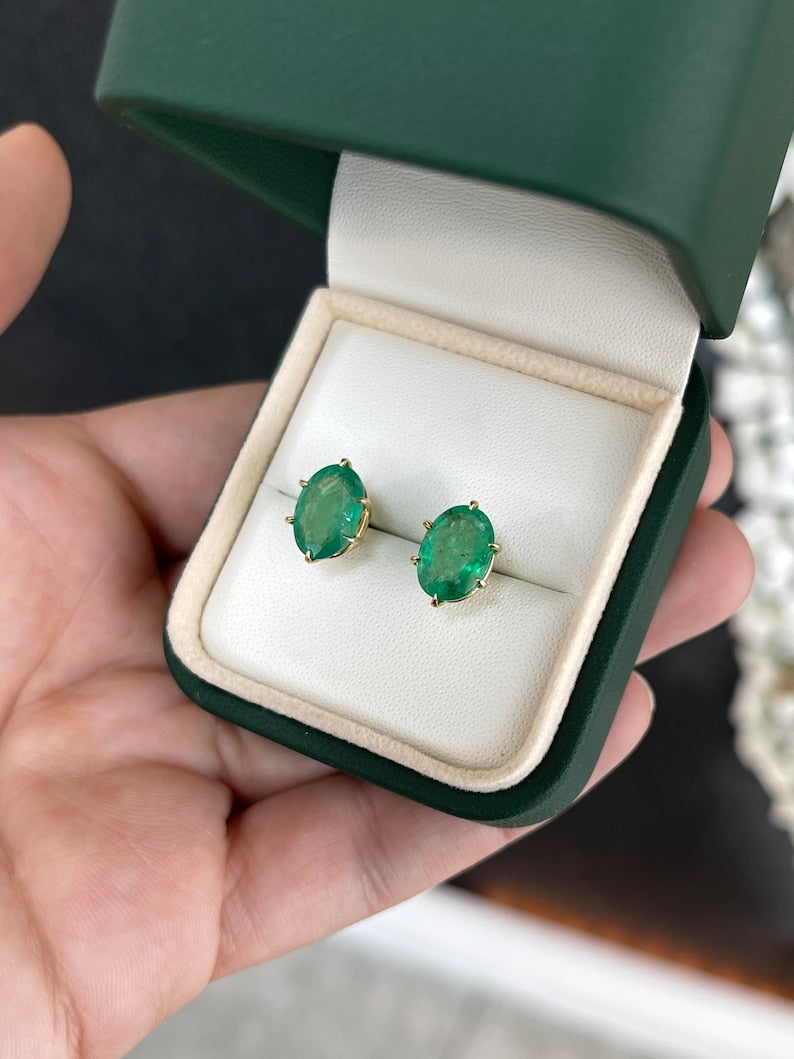 4.78tcw 18K Gold 6 Prong Green Oval Emerald Solitaire Stud Earrings for Women - Elegant Fine Jewelry Gift for Birthday, Anniversary & Special Occasions