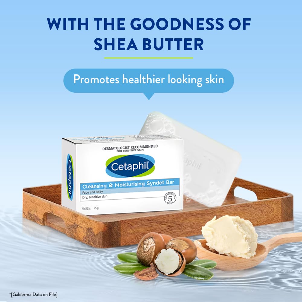 Cetaphil Cleansing & Moisturizing Syndet Bar with Shea Butter - Gentle Face & Body Soap for Sensitive Skin - 75g (Pack of 1) - Ideal for Daily Skincare Routine & Travel