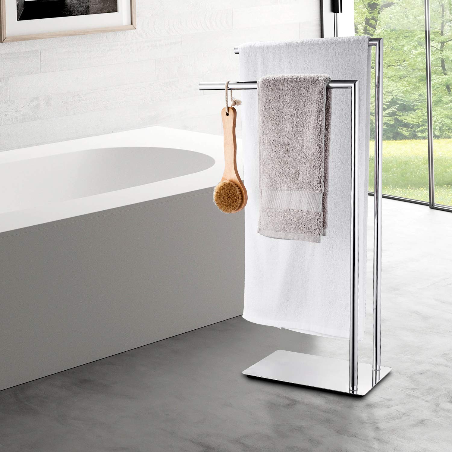 Freestanding Double Towel Rack - Rustproof Bathroom Towel Holder Stand with Brass Chrome Finish - Perfect for Bathroom, Spa, and Laundry Room Organization