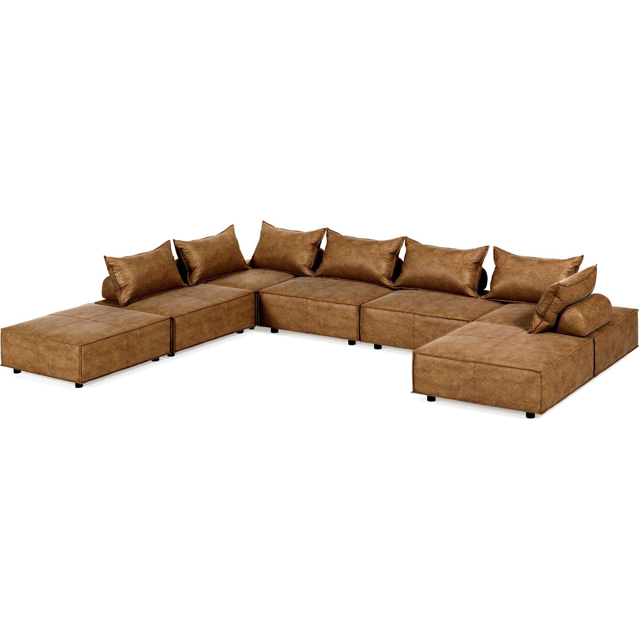 7-Piece Brown Leather Sectional Sofa Set - Modern L-Shaped Couch for Living Room, Family Room & Home Theater