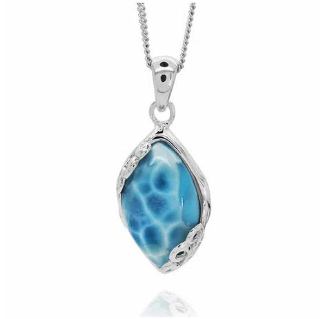 Caribbean Larimar Classic Pendant Necklace - Genuine Blue Stone Jewelry for Women - Perfect for Beach Vacations & Summer Fashion