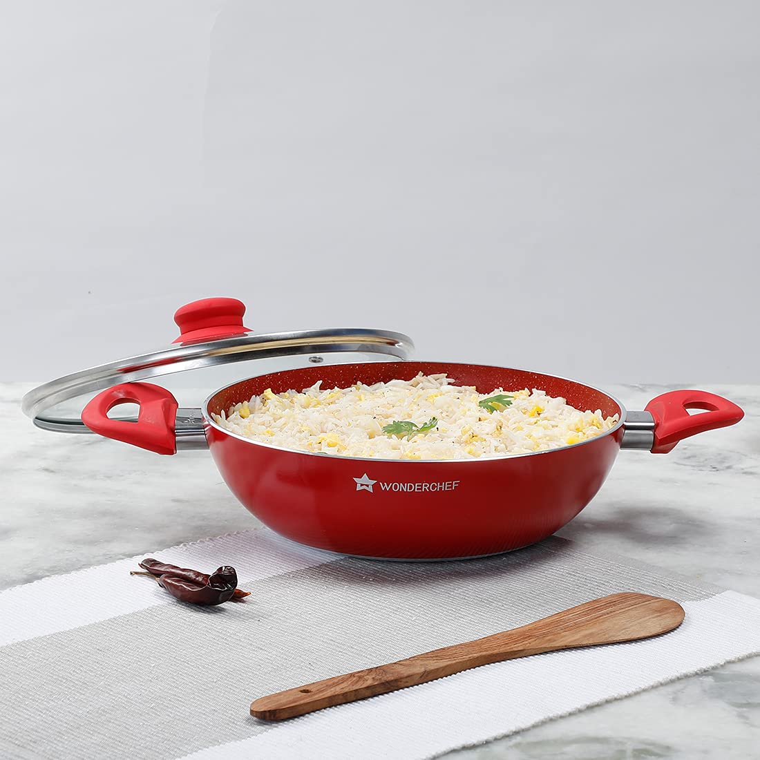 Wonderchef Royal Velvet Non-Stick Stir Fry Wok - 24cm Red Aluminum Cookware with Lid - PFOA & Nickel Free - Perfect for Indian, Chinese & Asian Cuisine - Ideal for Stir-Frying, Sautéing & Deep Frying
