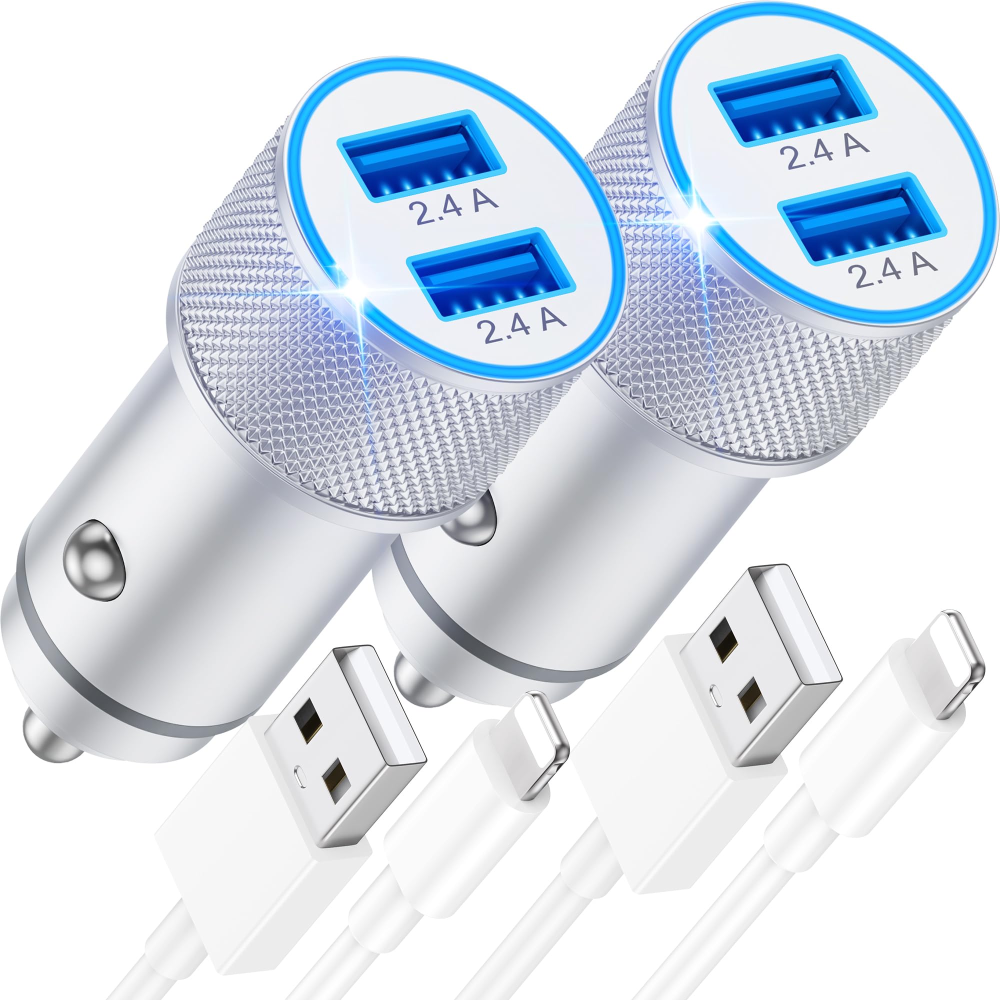 ARCCRA 2-Pack 4.8A Dual USB Car Charger with 2 Lightning Cables - Fast Charging for iPhone 14/13/12/11/Pro Max/XR/XS/SE/8/7/6/6S Plus - Perfect for Road Trips & Daily Commutes