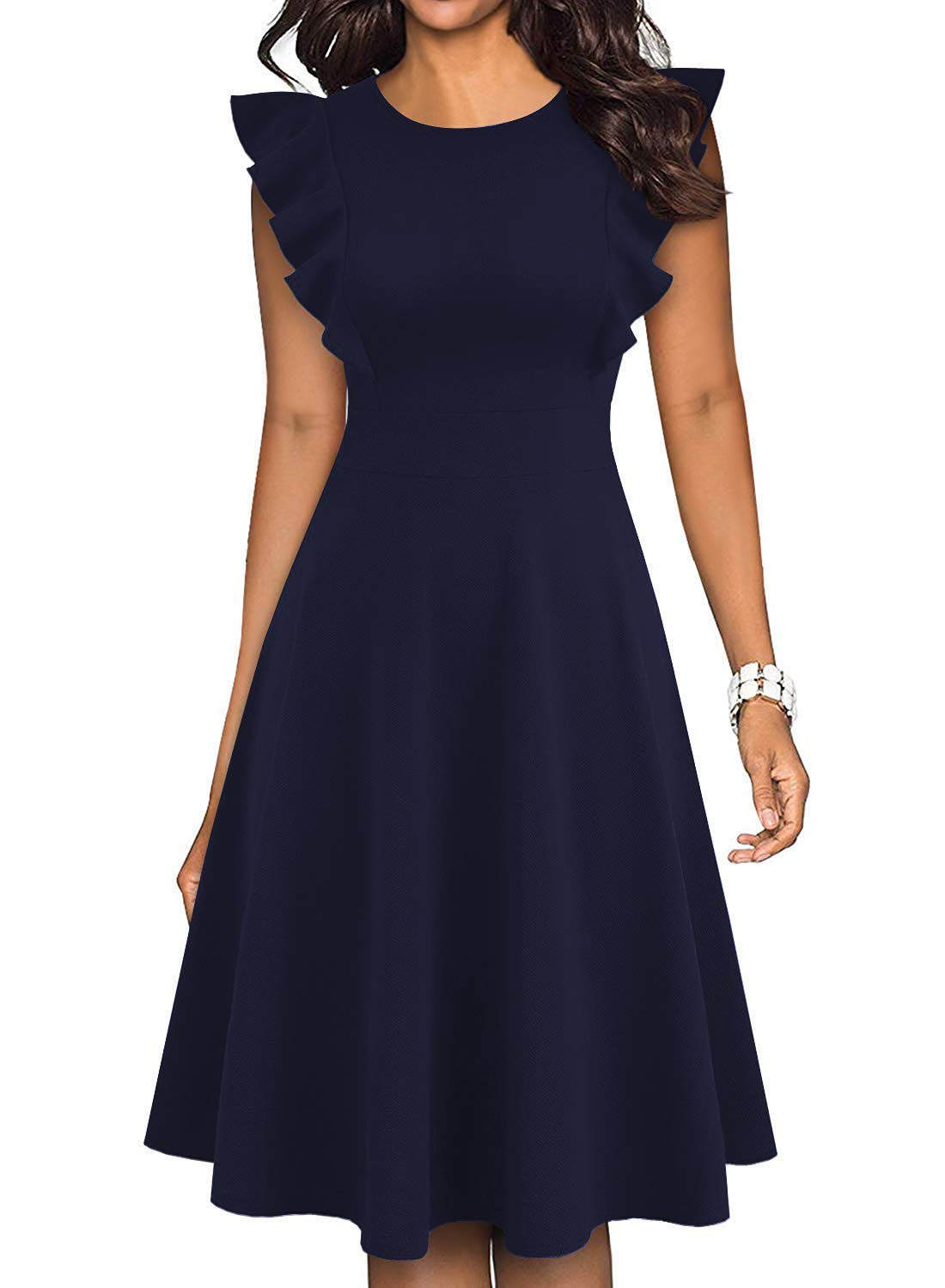 Vintage Floral Ruffle A-Line Swing Dress for Women - Elegant Cocktail Party & Casual Dresses with Pockets | Perfect for Weddings, Date Nights & Special Occasions