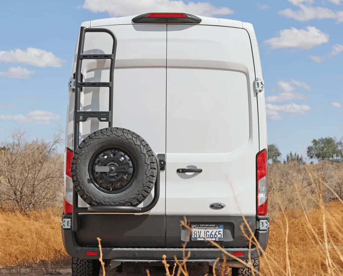 Owl Explorer Ladder & Tire Carrier for 2015-2023 Ford Transit High Roof Van | Heavy Duty Roof Accessories for Camping & Overlanding Adventures