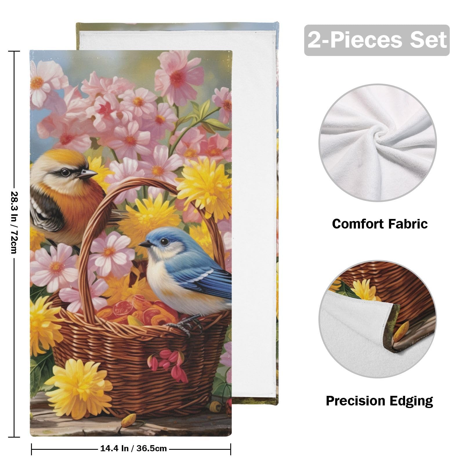 Soft Floral Spring Bird Bath Towels Set of 2 - Absorbent Hand & Wash Cloths for Bathroom, Kitchen, Beach & Shower - Perfect for Home Decor, Spa Days & Coastal Living