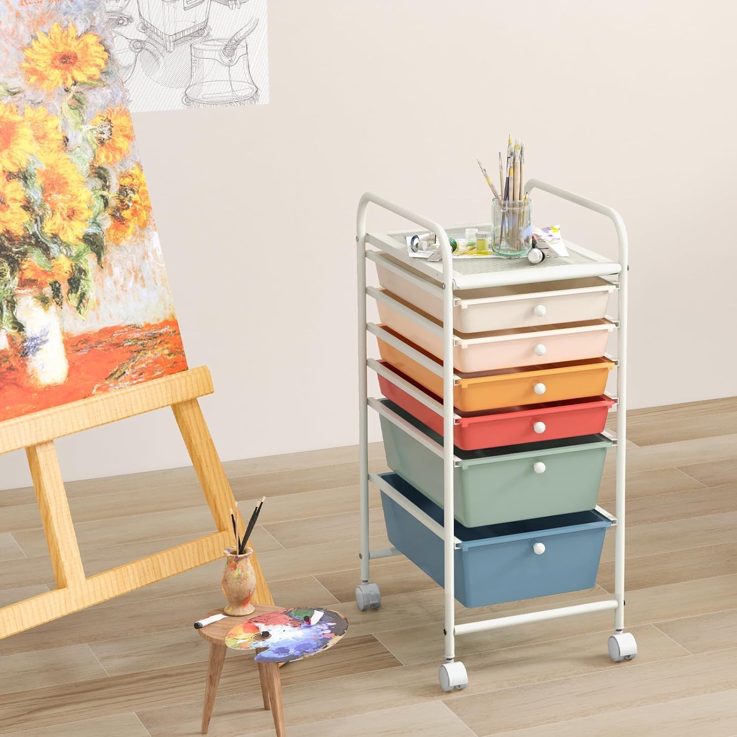 RELAX4LIFE 6-Drawer Rolling Storage Cart with Removable Plastic Bins - Mobile Utility Organizer for Classroom, Office, Craft Room & Home | Rolling Art Supply Cart, School Paper Organizer, Teacher Storage Cart (Macaron) - Perfect for School Projects, Office Supplies & Home Organization