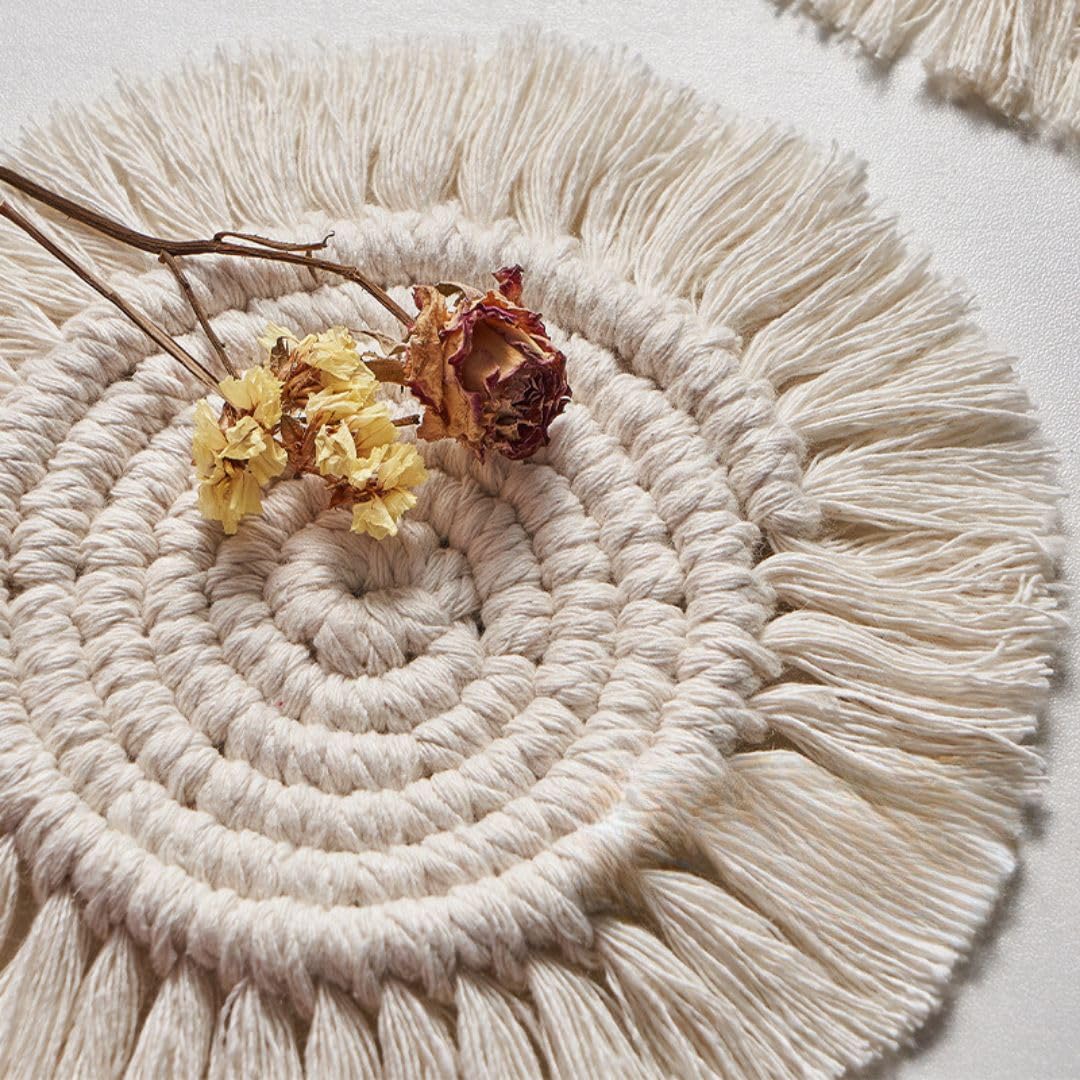 Bohemian Style Macrame Round Coasters Set of 2 - Handmade Cotton Coasters for Coffee Mugs, Tea Cups & Drinkware - Perfect for Dining Table Decor, Coffee Table Centerpiece & Home Decoration (White)