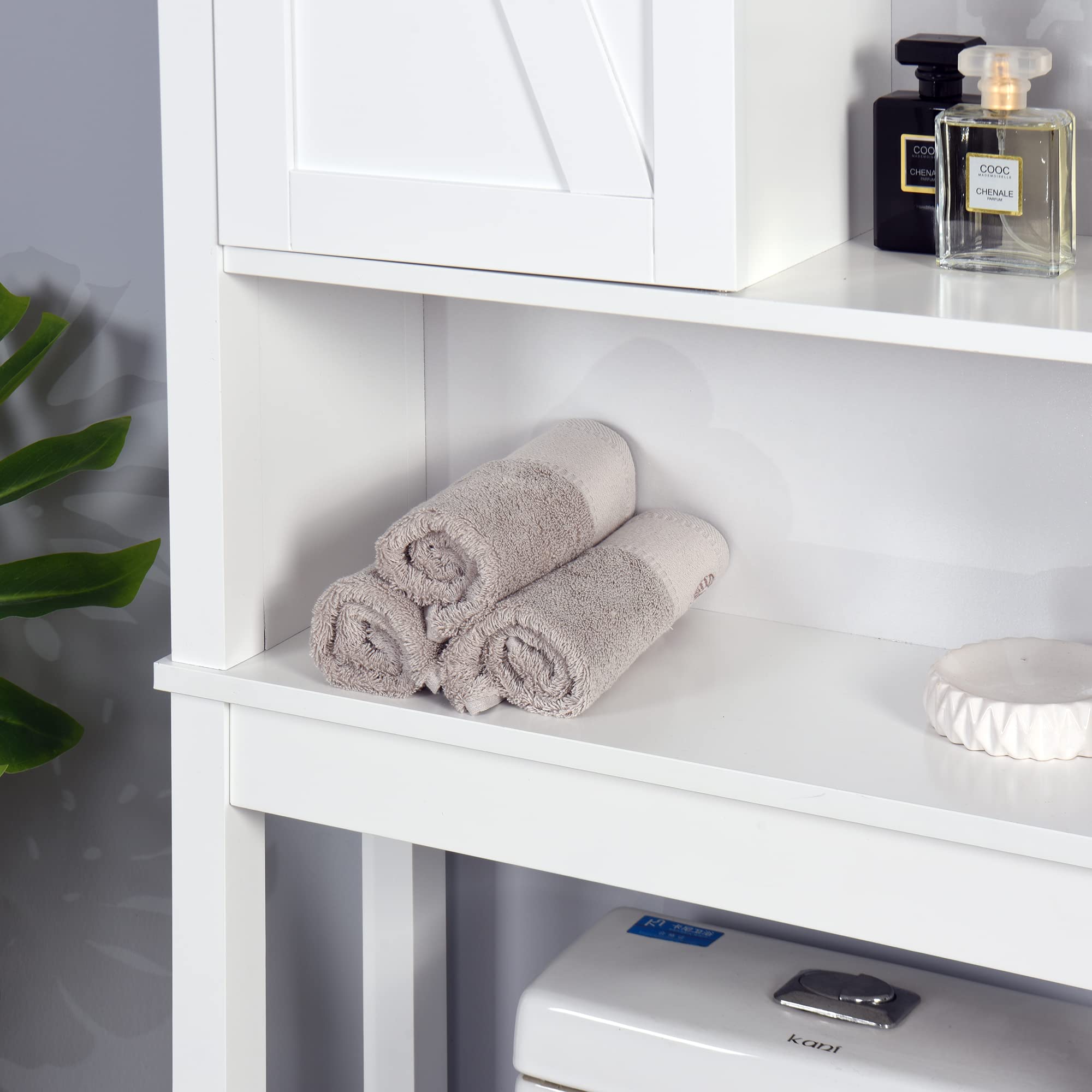 Space Saving Over The Toilet Bathroom Cabinet with Adjustable Shelves - Bathroom Organizer Storage with Open Cube Design, White Barn Door Style - Perfect for Small Bathrooms, Apartments & Powder Rooms