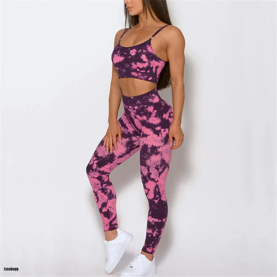 Tie Dye Yoga Bra & High Waist Leggings Set for Women - Seamless Gym Outfit with Hip Push Design - Perfect for Running, Fitness & Workout | Breathable Activewear for Yoga, Pilates & Cardio