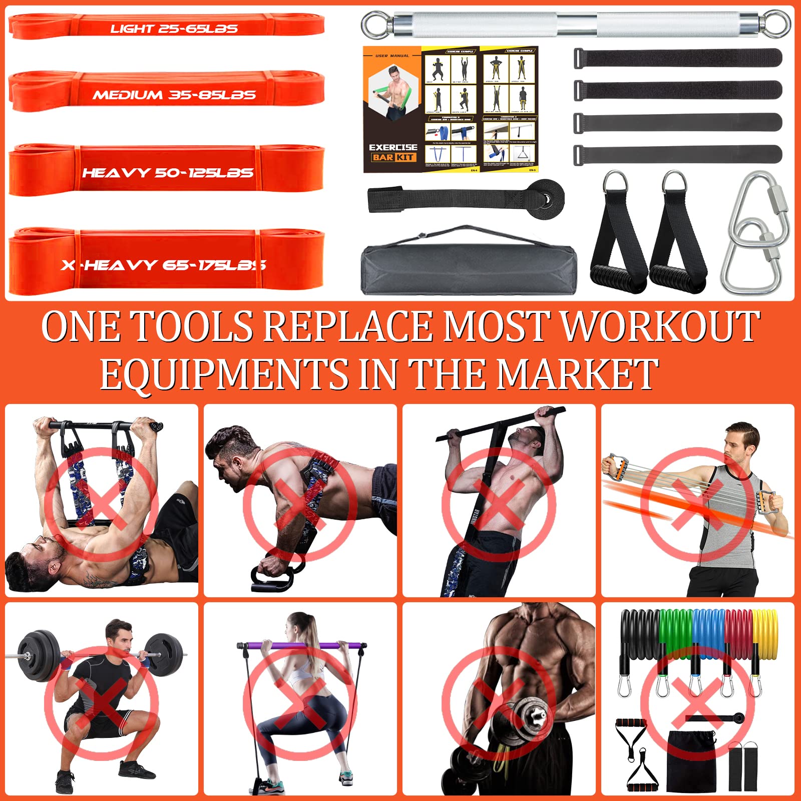DASKING 500LBS Heavy Duty Resistance Band Bar Set with 4 Adjustable Stackable Bands - Portable Home Gym Equipment for Full Body Workout - Includes Exercise Guide (Ideal for Home Fitness, Strength Training & Muscle Building)