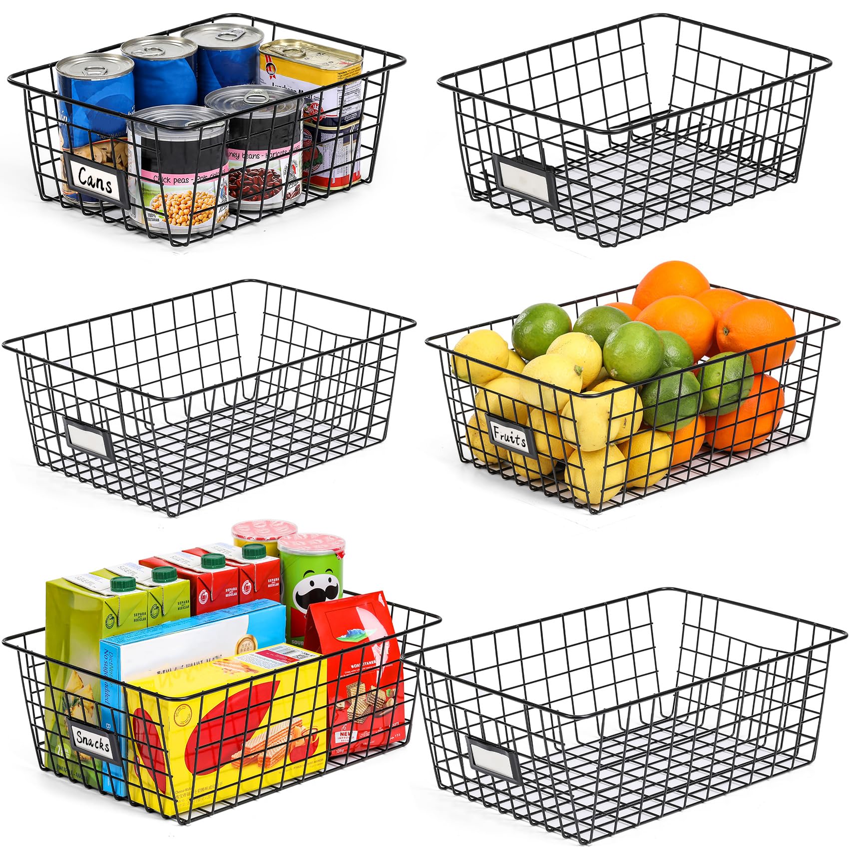 6-Pack Extra Large Metal Wire Storage Baskets with Labels - Black Pantry Organizer Bins for Kitchen, Laundry, Garage, Fridge & Bathroom Countertop - Perfect for Home Organization and Decluttering Spaces