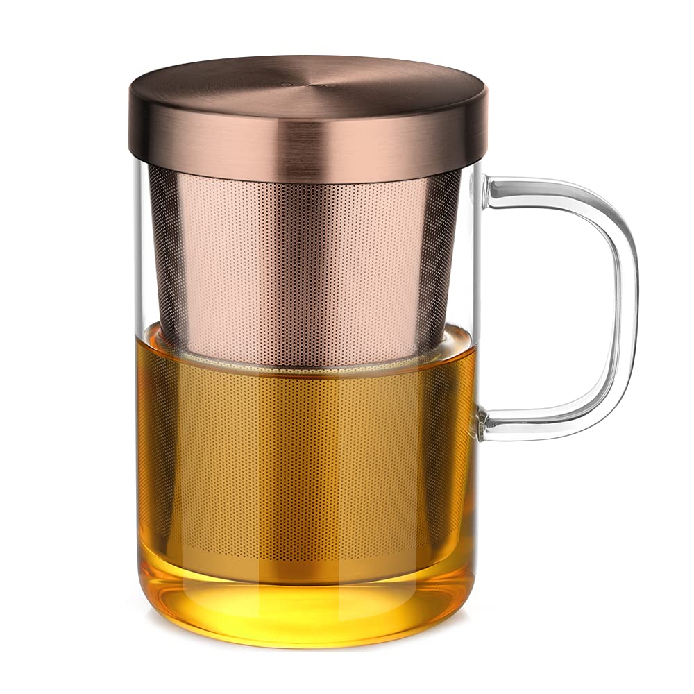 Ecooe 16.9oz (500ml) Glass Tea Infuser Mug with Removable Stainless Steel Filter & Lid - Clear Loose Leaf Tea Cup for Herbal, Green & Black Tea - Perfect Gift for Tea Lovers, Parents, Dad, Mom & Friends (Bronze) - Ideal for Home, Office & Relaxation