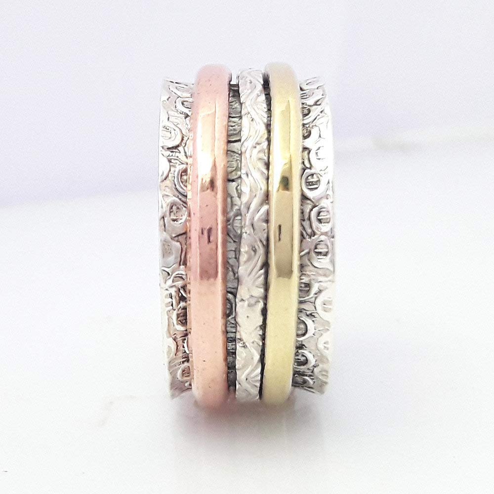 925 Sterling Silver Rose Gold Spinner Ring - Handmade Hammered Meditation & Worry Ring for Stress Relief, Boho Chunky Textured Jewelry | Perfect for Anxiety Relief, Fidgeting, Mindfulness Practice & Stylish Everyday Wear