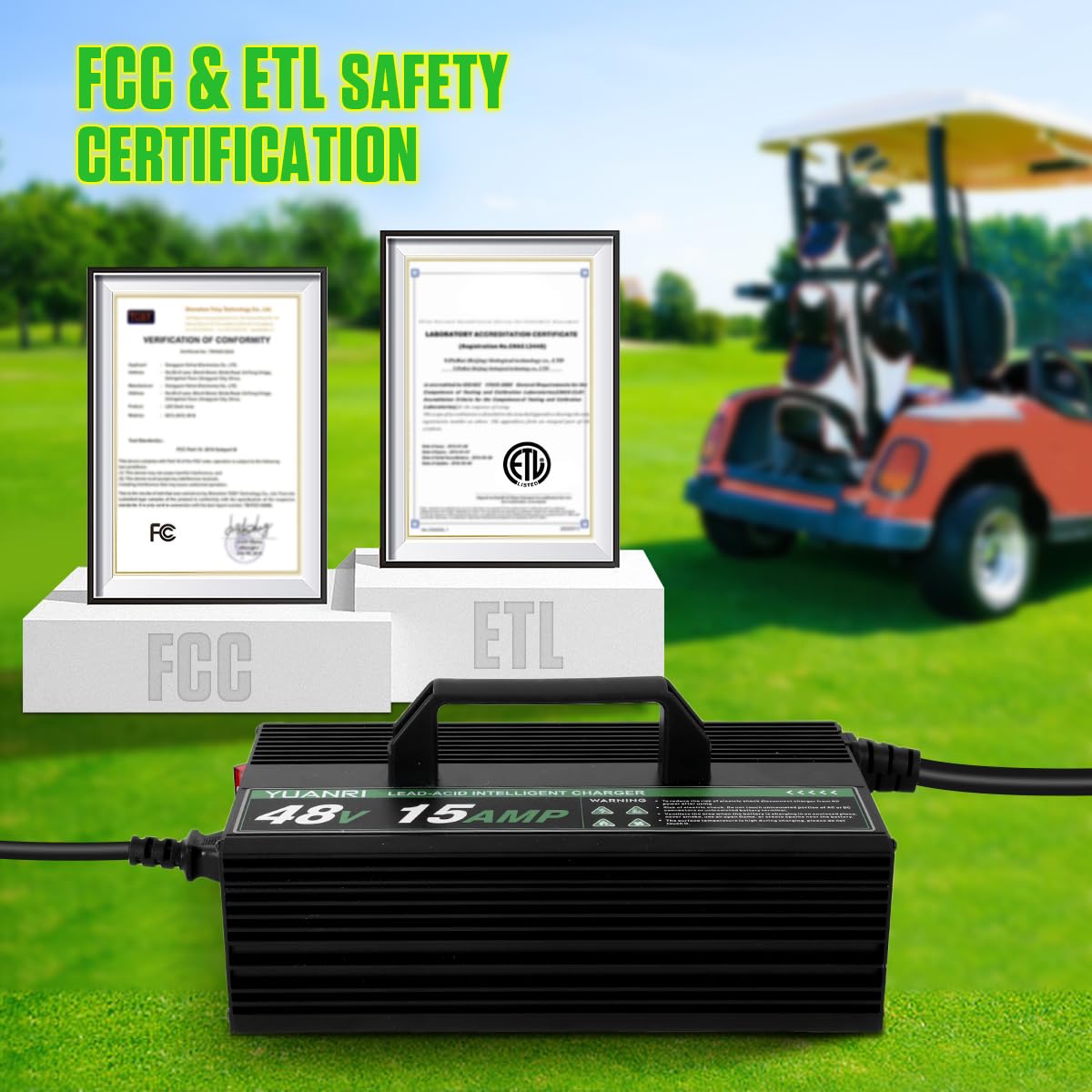 48V Golf Cart Battery Charger for Club Car - 15 AMP 48 Volt Charger with 16 FT Cord & Trickle Charge - Compatible with 48V Lead Acid Batteries - Perfect for Golf Courses, Resorts & Home Use