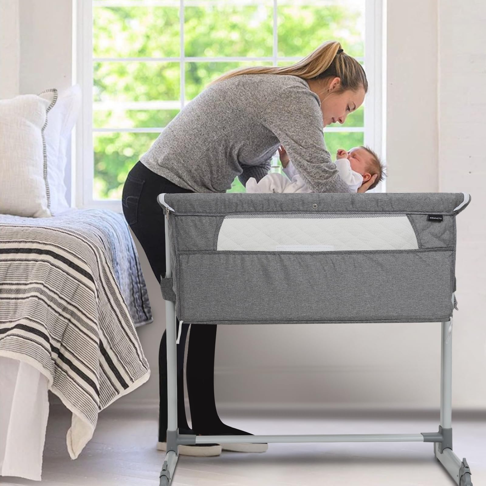 3 in 1 Baby Bassinet Bedside Sleeper - Adjustable 6-Position Crib with Comfort Mattress & Wheels | Portable Folding Bassinet for Newborns | Perfect for Nursery, Bedroom & Travel Use