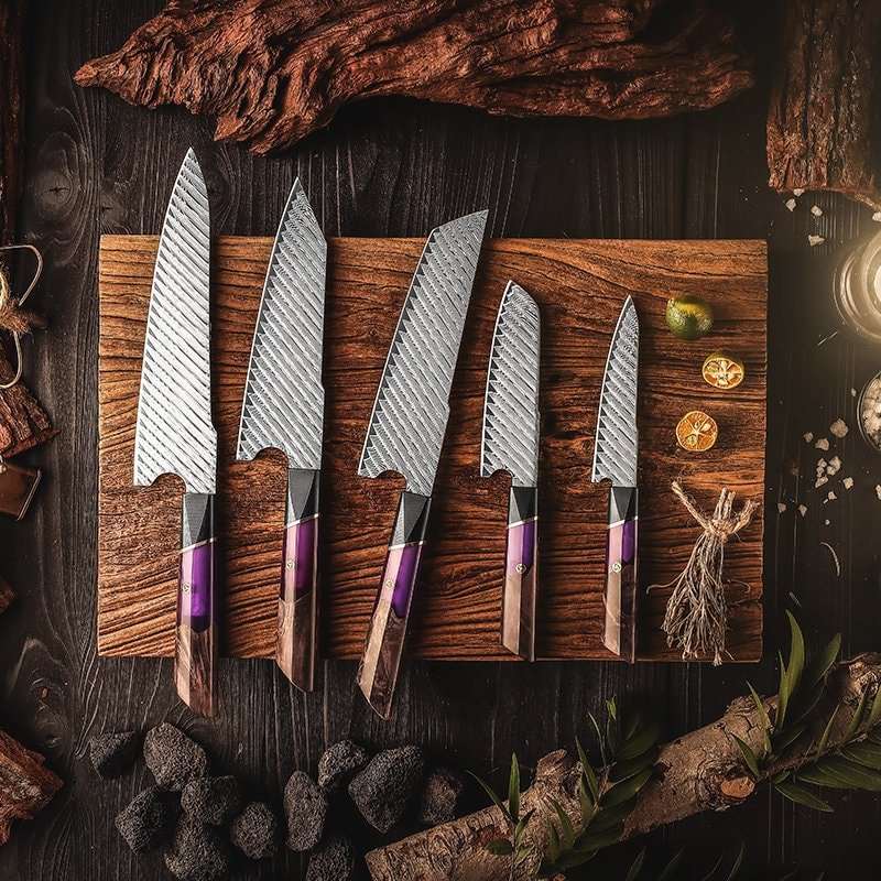 Premium VG10 Damascus Steel Knife Set with Exotic Burl Wood Handle - Professional Chef Knives for Cooking, Slicing & Food Preparation - Perfect for Home Kitchen & Outdoor Camping