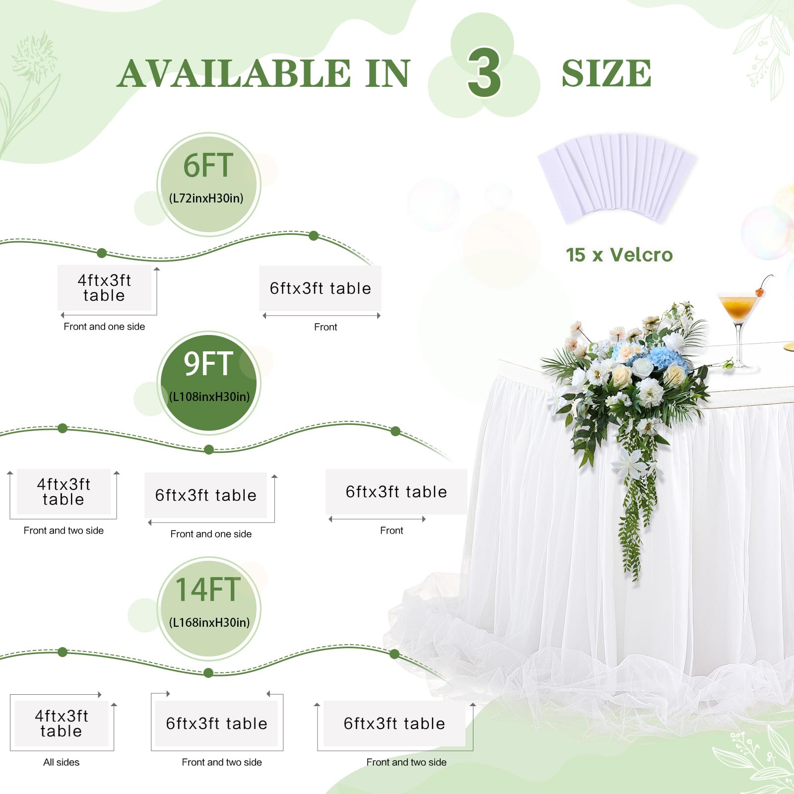 9ft White LED Tulle Table Skirt for Rectangle & Round Tables - Wedding, Bridal Shower, Birthday Party Decorations - Perfect for Banquet Halls, Reception Tables, and Special Event Centerpieces