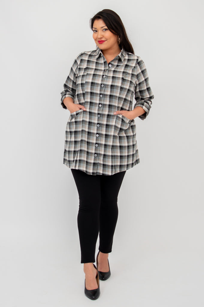 Larissa Tunic Top - Black Retro Plaid Cotton Flannel Shirt for Women | Vintage Style Fall Winter Fashion | Perfect for Casual Outfits, Office Wear & Holiday Parties
