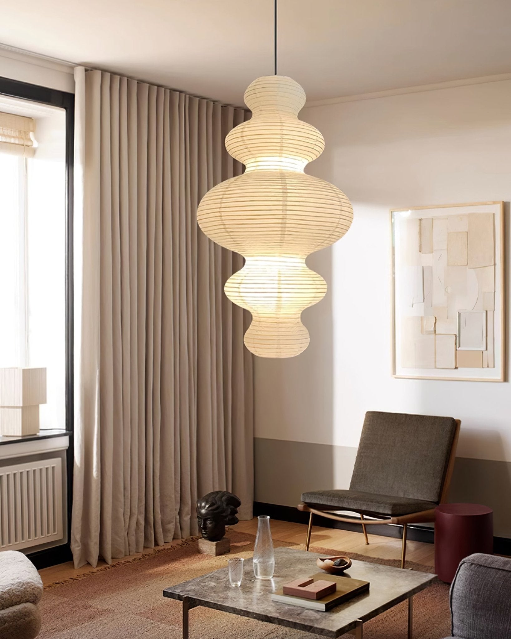 Akari Juni Pendant Swag Lamp - Modern Japanese Paper Light Fixture for Bedroom, Living Room & Dining Room Decor