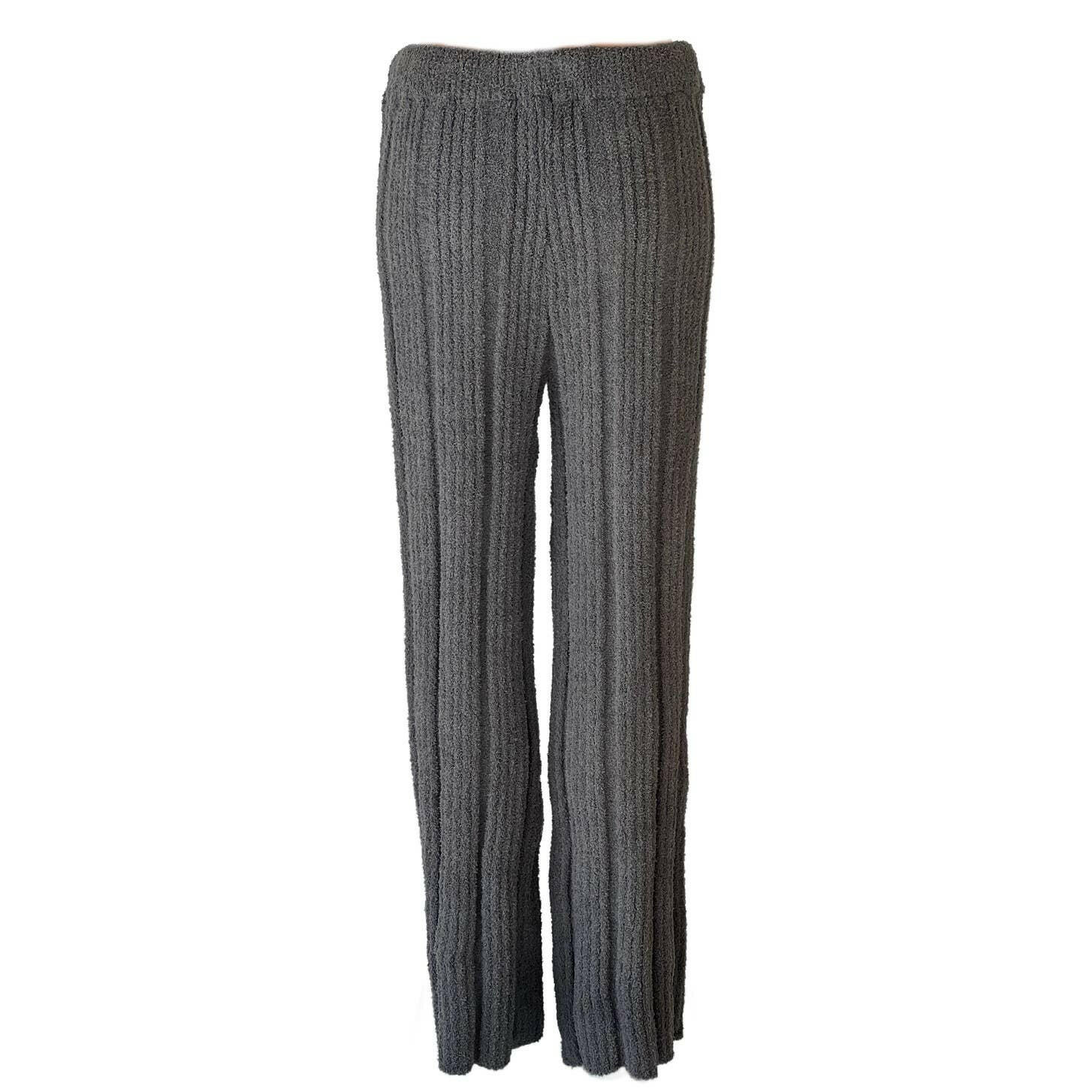 Luxury Solid Gray Ribbed Knit Pants for Women - Soft Comfortable Lounge Pants for Home, Yoga, and Relaxation
