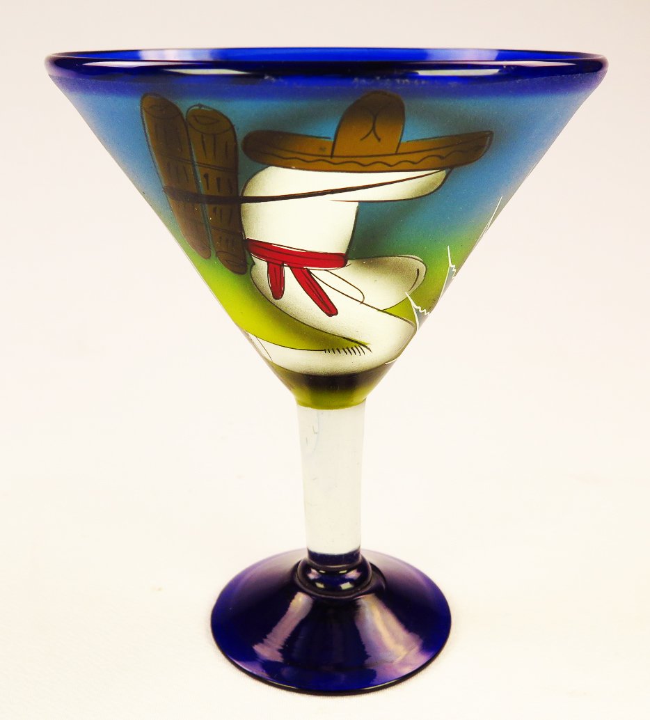 Hand Painted Mexican Margarita Martini Glasses & Shot Glasses Set - 2 Cocktail Glasses & 2 Tequila Shot Glasses with Cactus Design - Perfect for Cinco de Mayo Parties & Mexican Themed Events