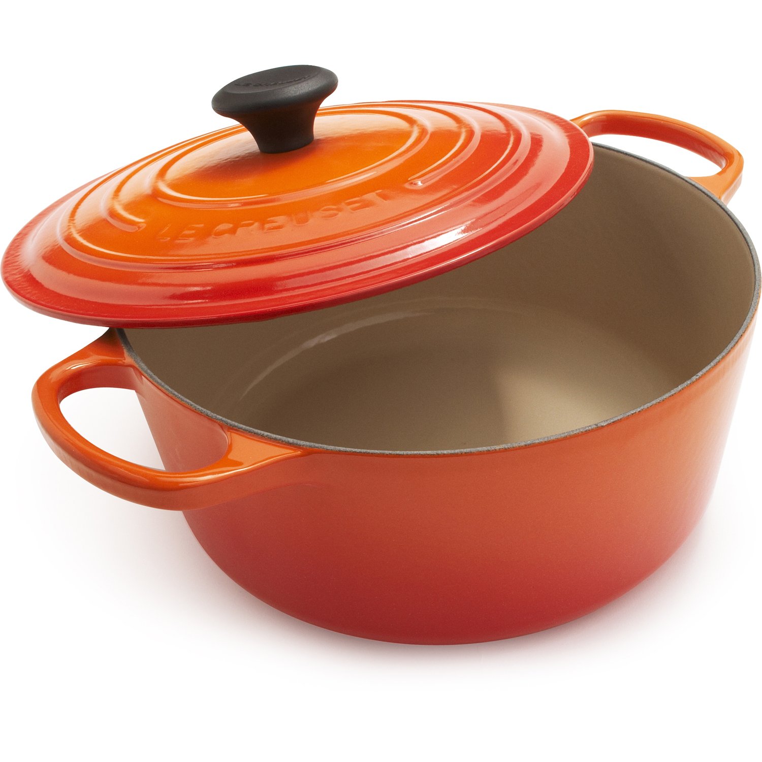 Le Creuset Enameled Cast Iron Signature Round Dutch Oven 5.5 Quart Flame - Perfect for Braising, Stewing & Baking at Home or Outdoor Cooking