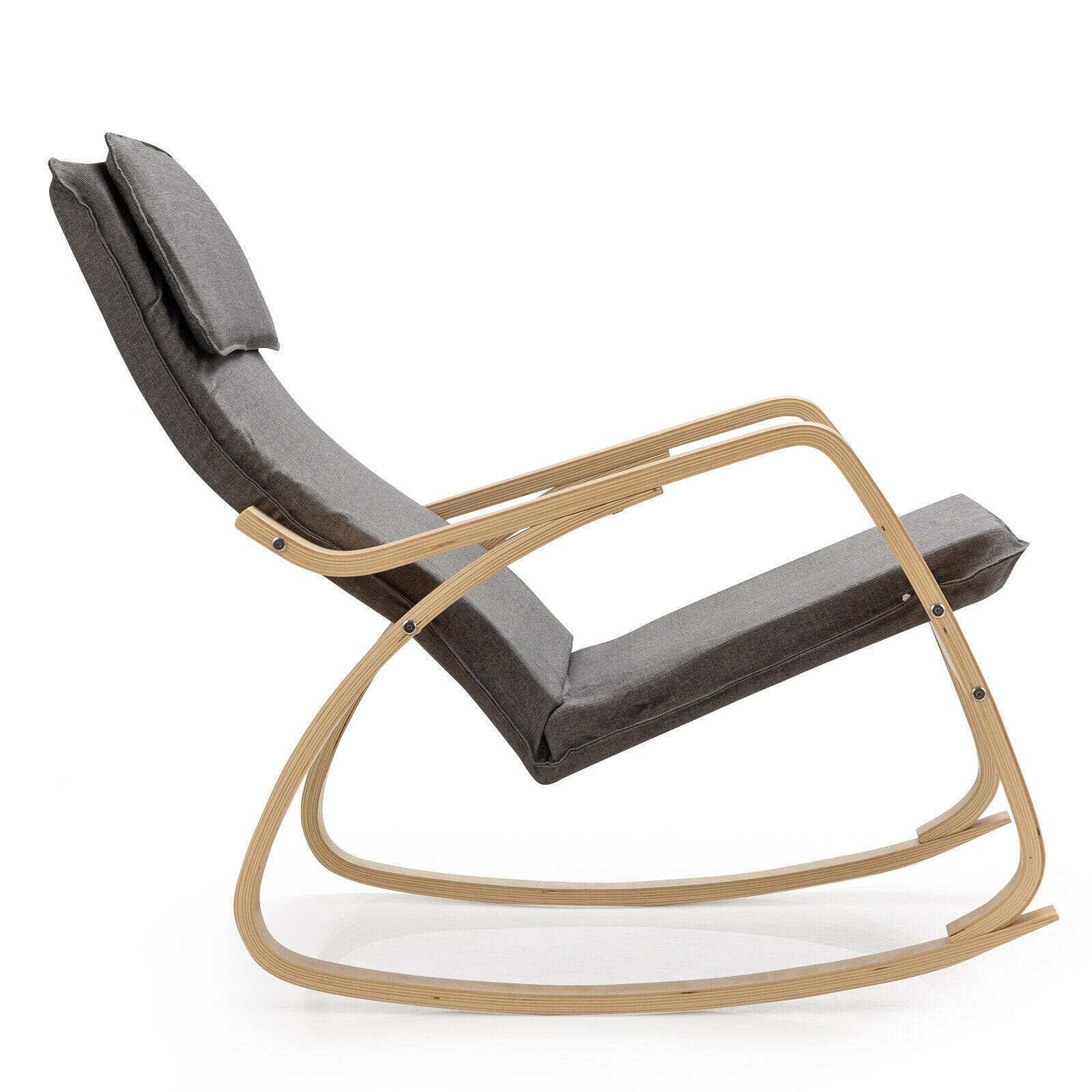 Modern Bentwood Rocking Chair - Gray Fabric Upholstered Lounge Rocker with Ergonomic Design for Living Room, Nursery, or Patio Relaxation | Comfortable Recliner for Reading, Nursing & Camping
