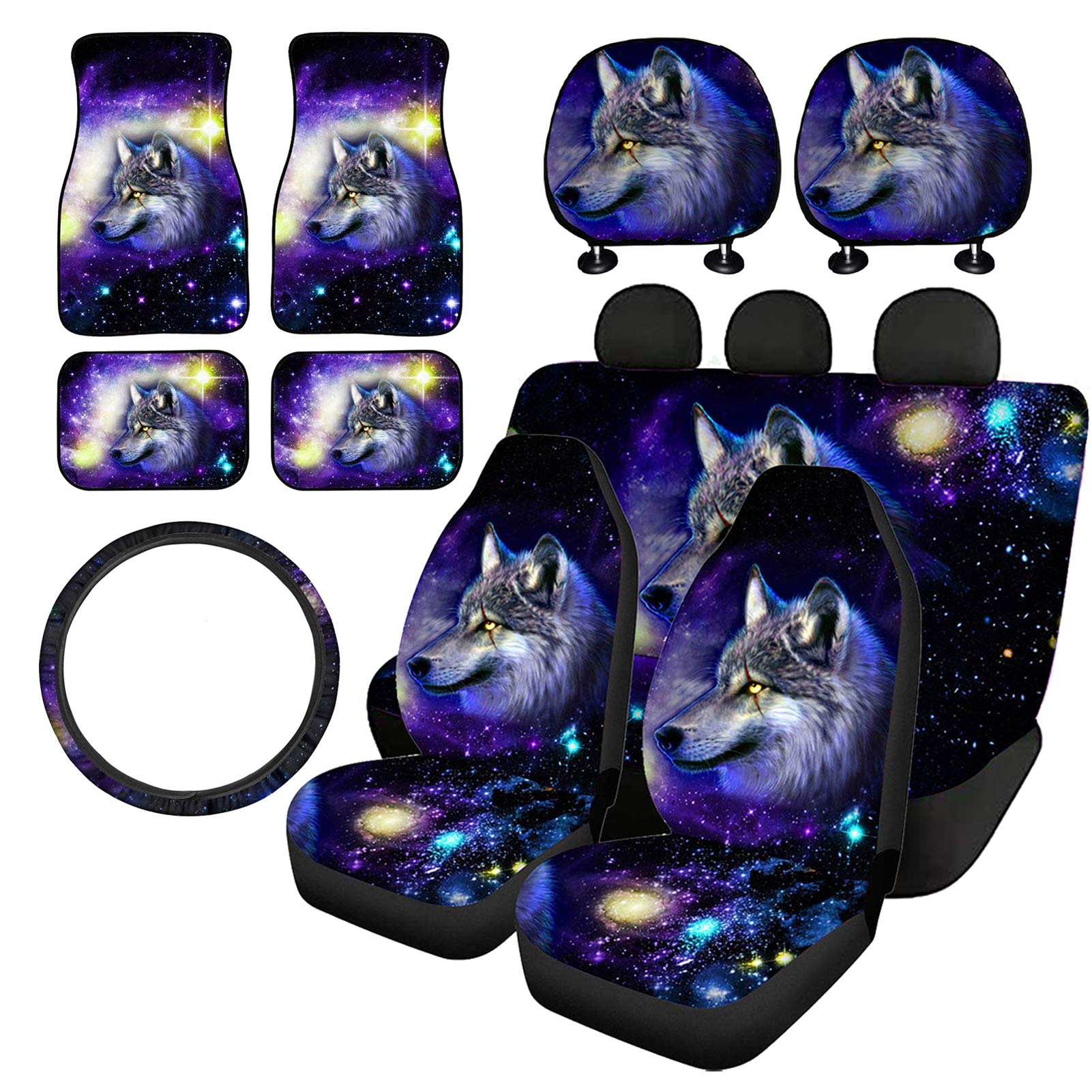 Universal Animal Wolf Car Seat Covers Full Set - Front & Rear Bench Protection with Steering Wheel Cover, Headrest Covers & Floor Mats | Easy Installation for Cars, Trucks, Vans & SUVs | Perfect for Pet Lovers & Outdoor Adventures