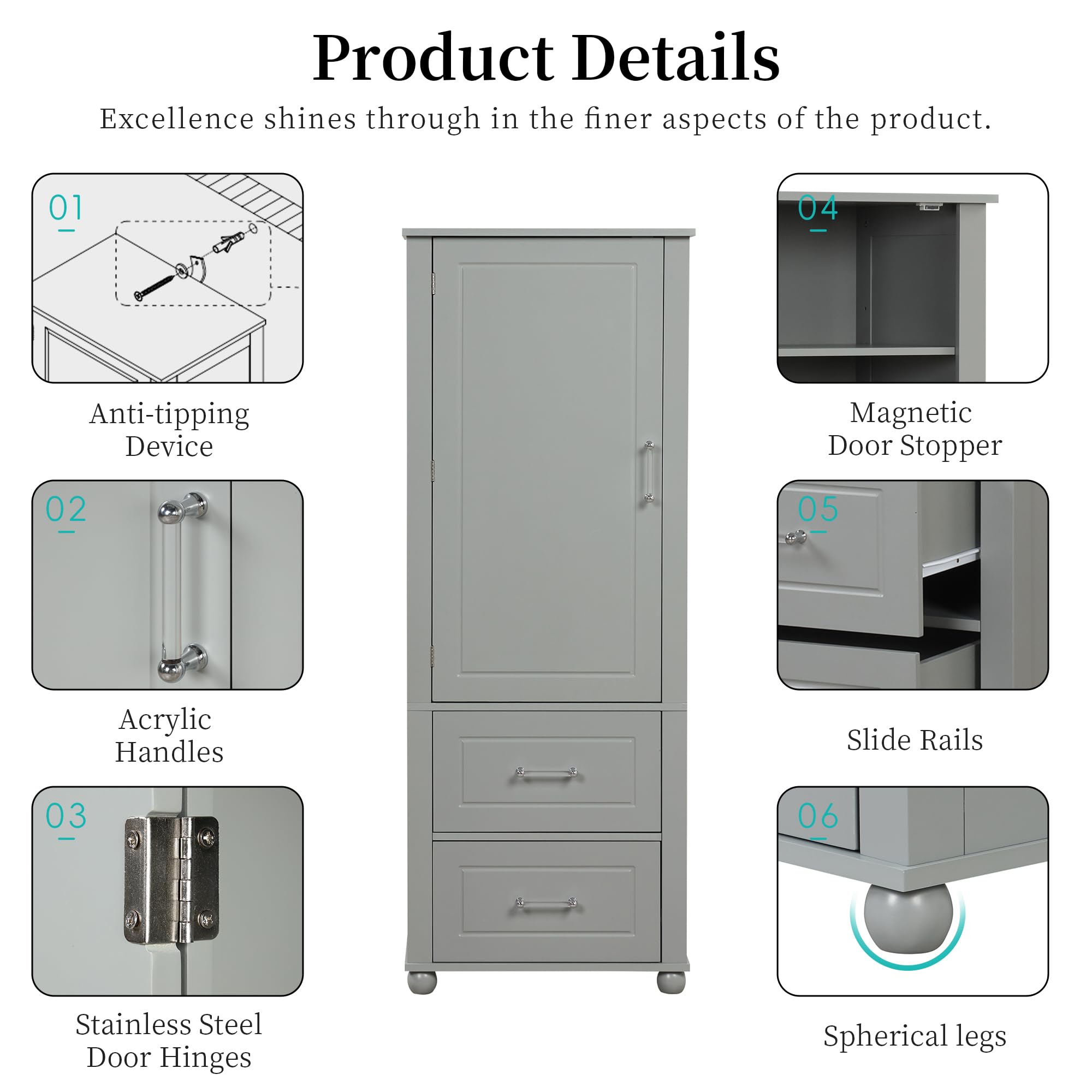 Tall Narrow Storage Cabinet with 2 Drawers & 2 Adjustable Shelves - Freestanding Wood Organizer for Bathroom, Kitchen, Office - Space Saving Grey Cabinet (Perfect for Small Spaces, Apartment Storage & Home Organization)