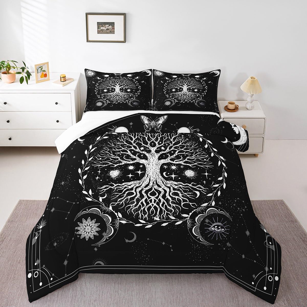 Boys' Boho Sky Butterfly Moth Comforter Set Queen Size - Lightweight Warm Soft Bedding with Sun Moon Mandala Tree Design for Kids & Adults (1 Comforter + 2 Pillowcases) - Perfect for Bohemian Bedroom Decor, Kids Room Theme, and Cozy Seasonal Comfort
