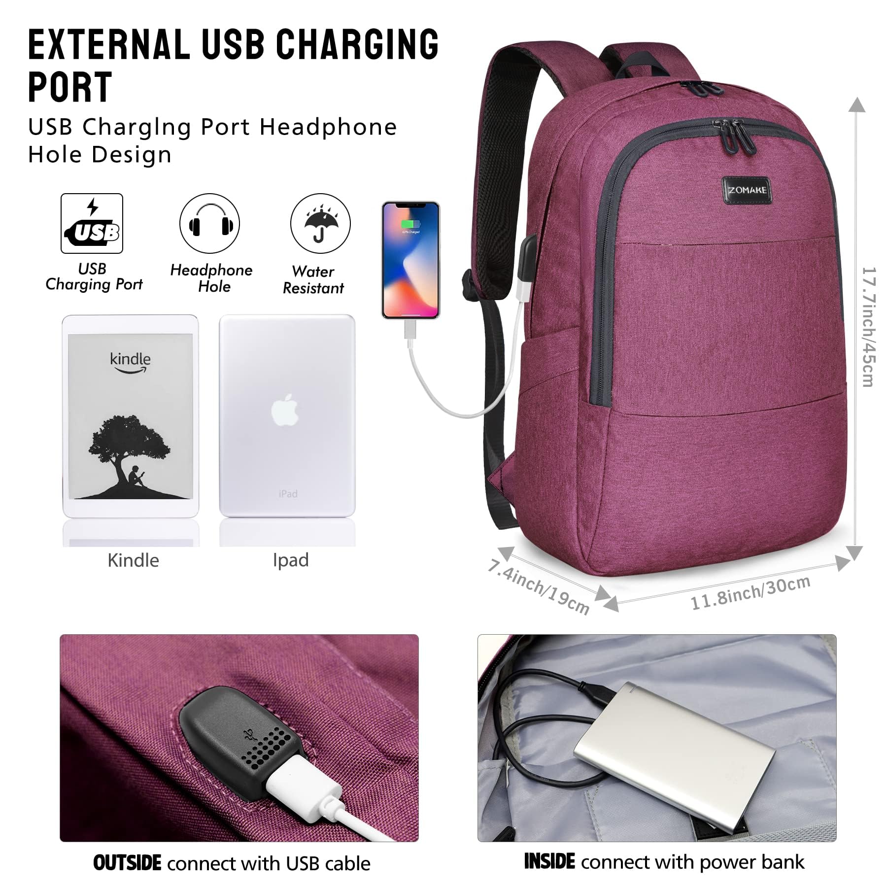 ZOMAKE Waterproof Anti-Theft Laptop Backpack with USB Charging Port & Lock - 15.6 Inch Business Travel Backpack for Men & Women (Wine Red) - Perfect for Commuting, Air Travel & Office Use
