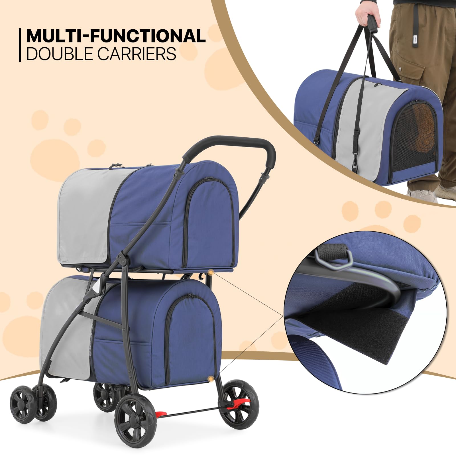 MoNiBloom Double Dog Stroller with Detachable Carrier Bags - Large 4-Wheel Foldable Pet Jogger for Small & Medium Dogs & Cats (Navy Blue/Gray) - Perfect for Outdoor Walks, Park Visits & Vet Appointments