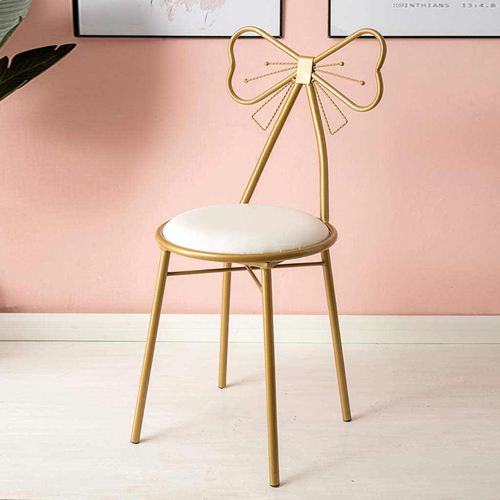 JHSLXD White Makeup Vanity Chair with Butterfly Tie Backrest - Golden PU Leather Dressing Stool, Bedroom Lounge & Reading Chair, Wrought Iron Dining Furniture for Home Decor, Beauty Salon & Bedroom Vanity Set