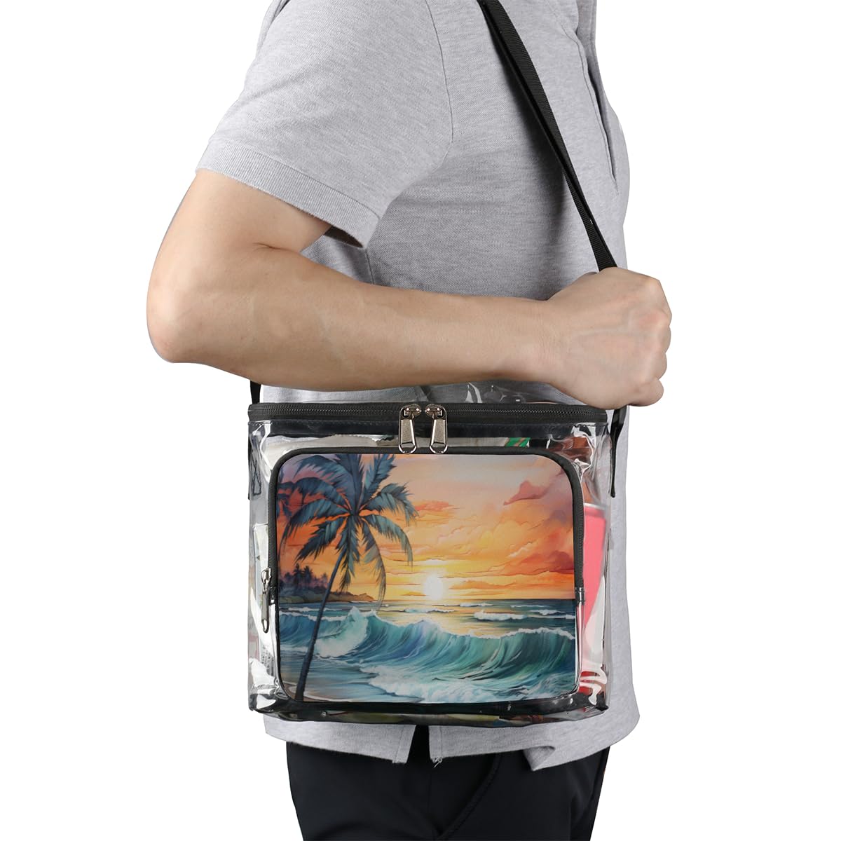 GzLeyigou Clear Tote Bag with Handles - Tropical Palm Tree Design Transparent Crossbody Shoulder Bag for Lunch, Beach, Travel | Stadium Approved for Concerts, Sports Events, Picnics & Outdoor Activities | Summer Sunset Theme Fashion Accessory