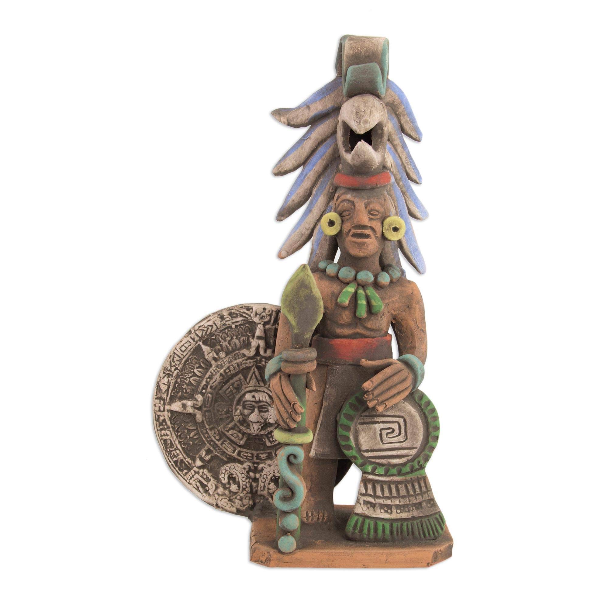 NOVICA Multicolor Aztec Calendar Eagle Warrior Ceramic Sculpture - 11.5