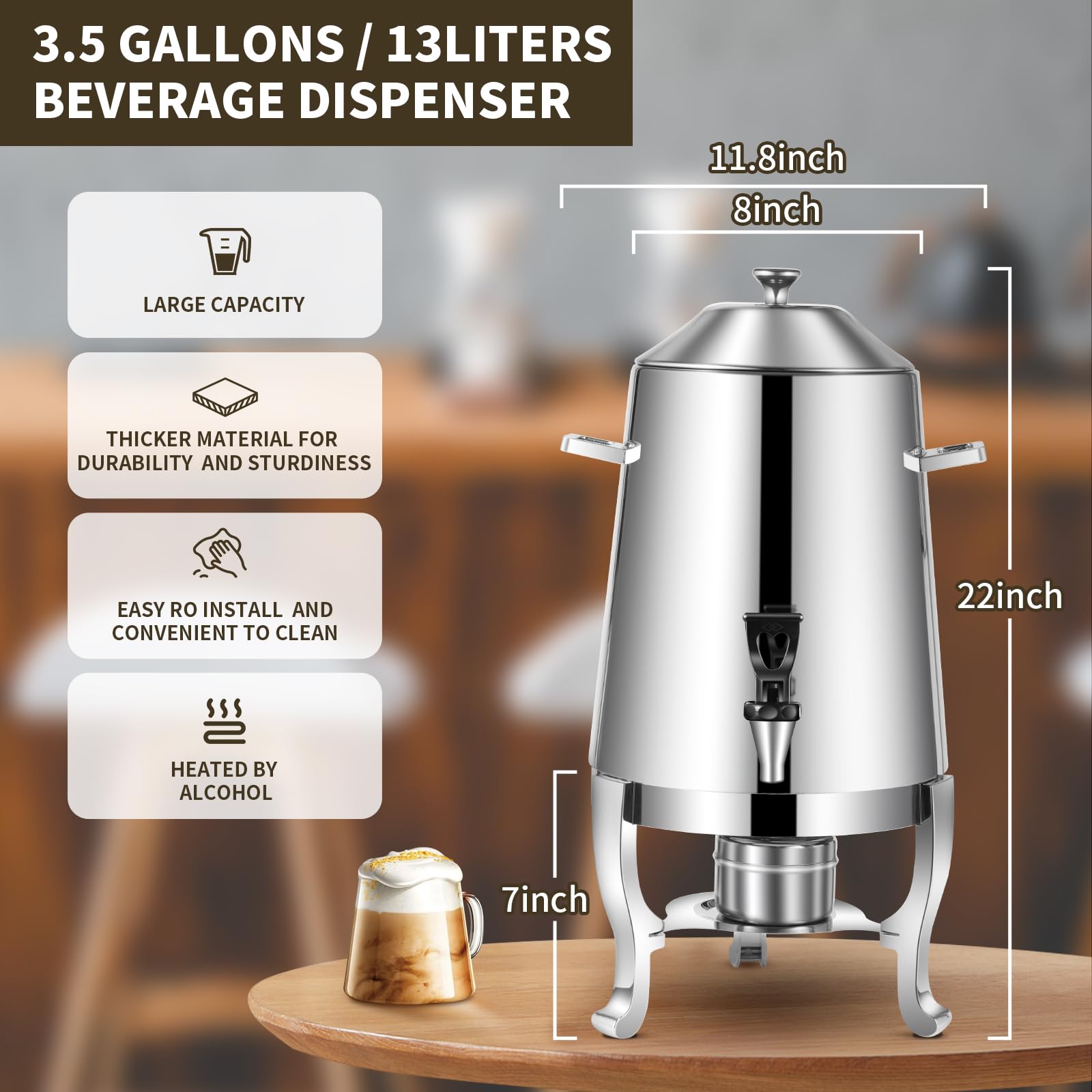 3.5 Gallon Stainless Steel Coffee Urn with Fuel Holder - Continuous Heating Beverage Dispenser with Spigot for Hot & Cold Drinks - Perfect for Parties, Buffets, Catering, and Office Events