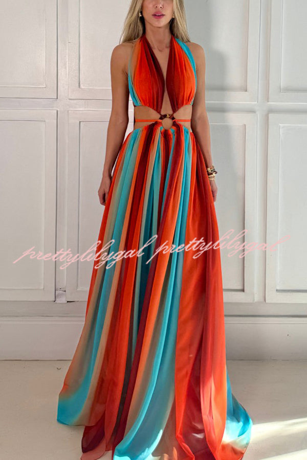 Elegant Printed Tulle Maxi Dress with Ring Hollow Design & High Slit - Perfect for Beach Vacations, Summer Parties & Evening Events
