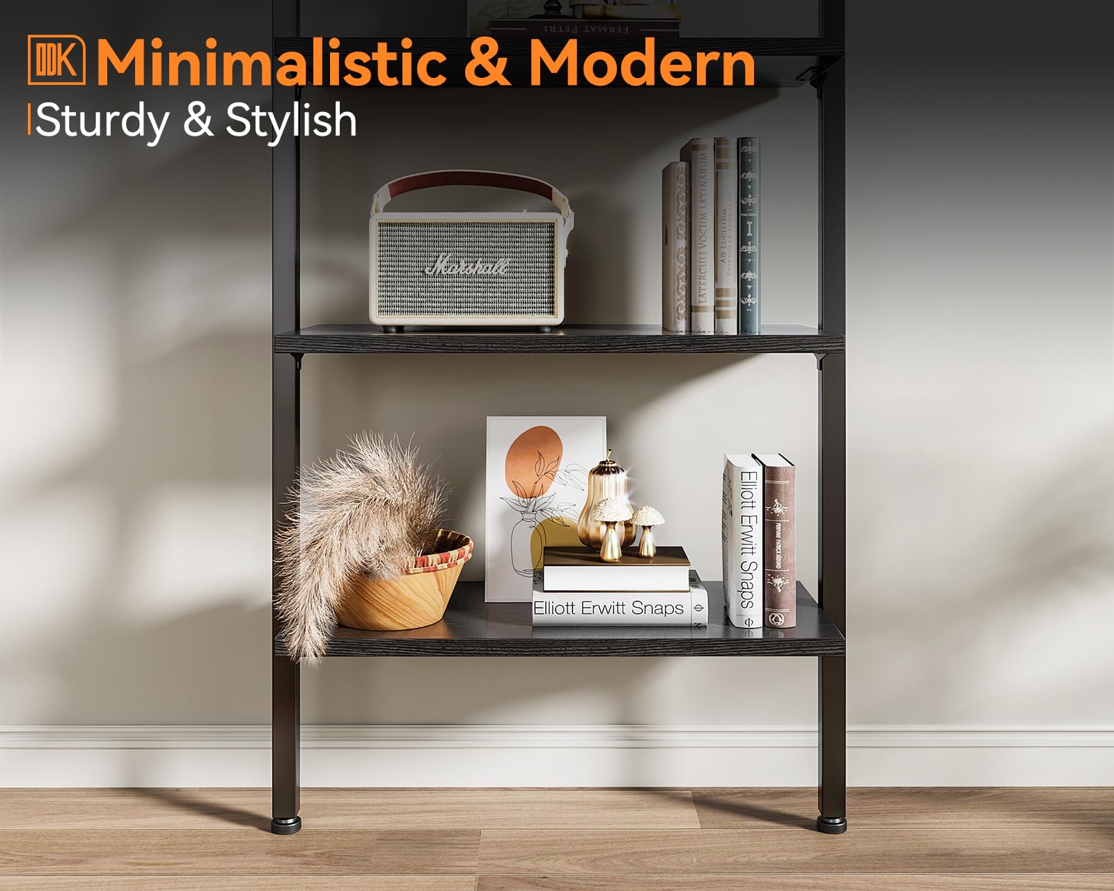 ODK 6-Tier Ladder Shelf - 87 Inch Tall Wall Mounted Industrial Bookshelf with Sturdy Metal Frame, Open Storage Shelves for Home Office, Bedroom & Living Room - Black (Perfect for Displaying Books, Decor & Organizing Small Spaces)