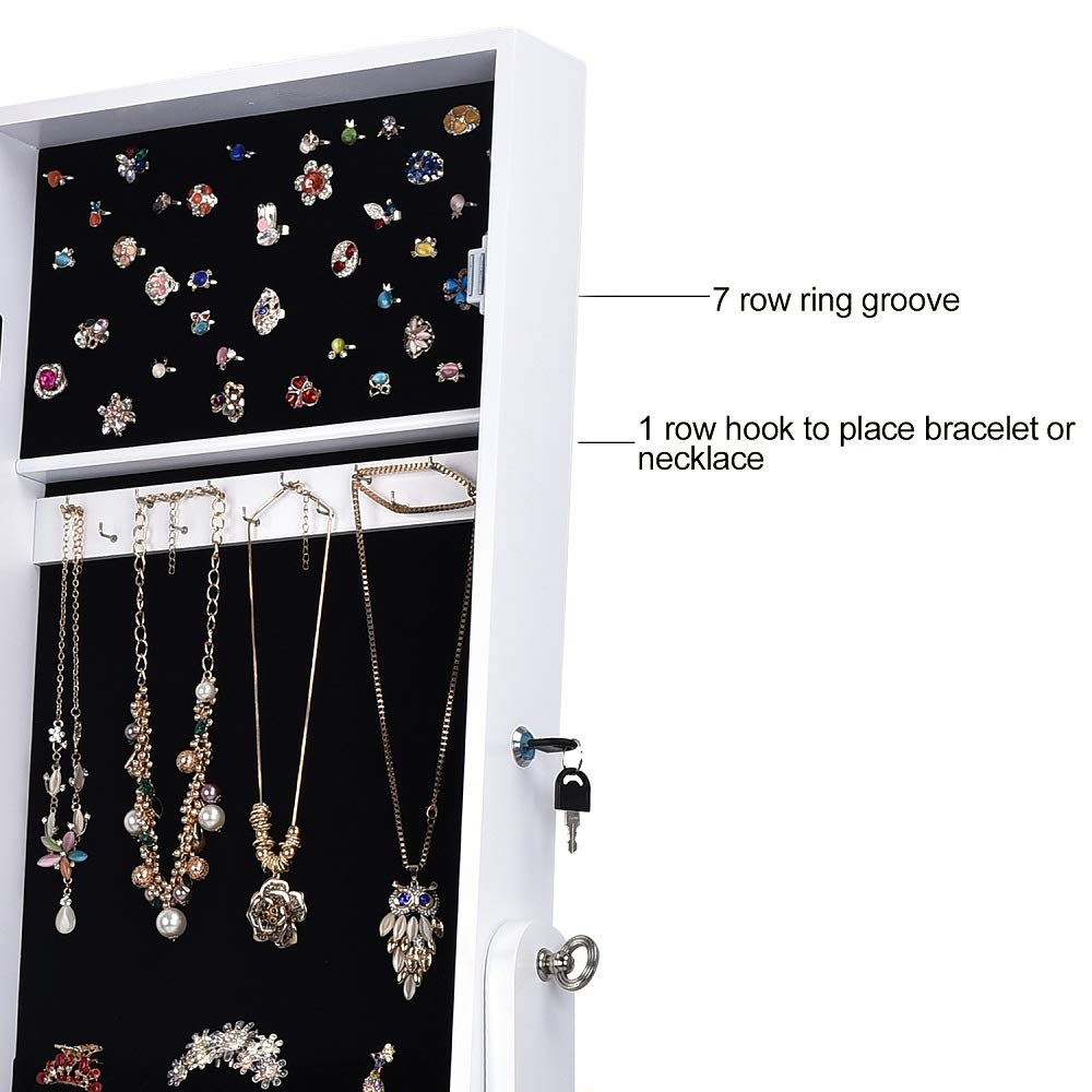 White Floor Length Jewelry Cabinet with Mirror - Home Office Storage Organizer for Jewelry, Accessories & Decor | Dressing Room, Bedroom & Closet Organization
