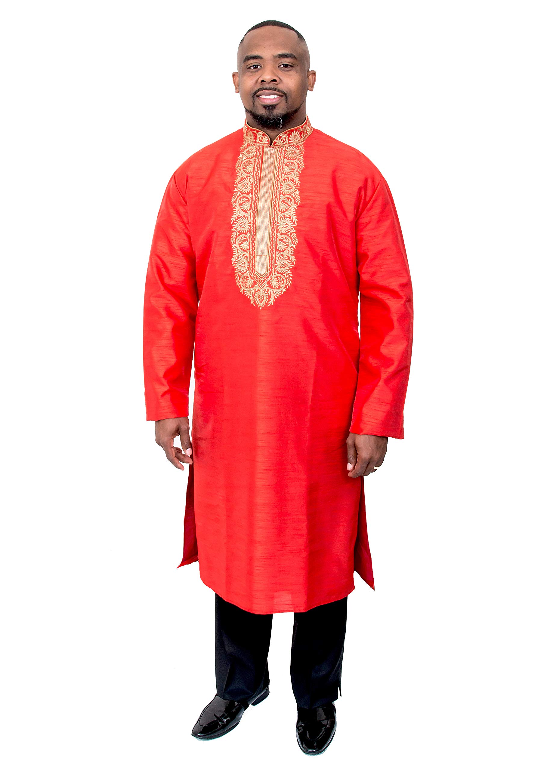 Clergy Kurta Knee Length with Gold Embroidery on Neck - Red/Gold (Size 46) | Elegant Religious Attire for Church Services, Weddings & Special Occasions