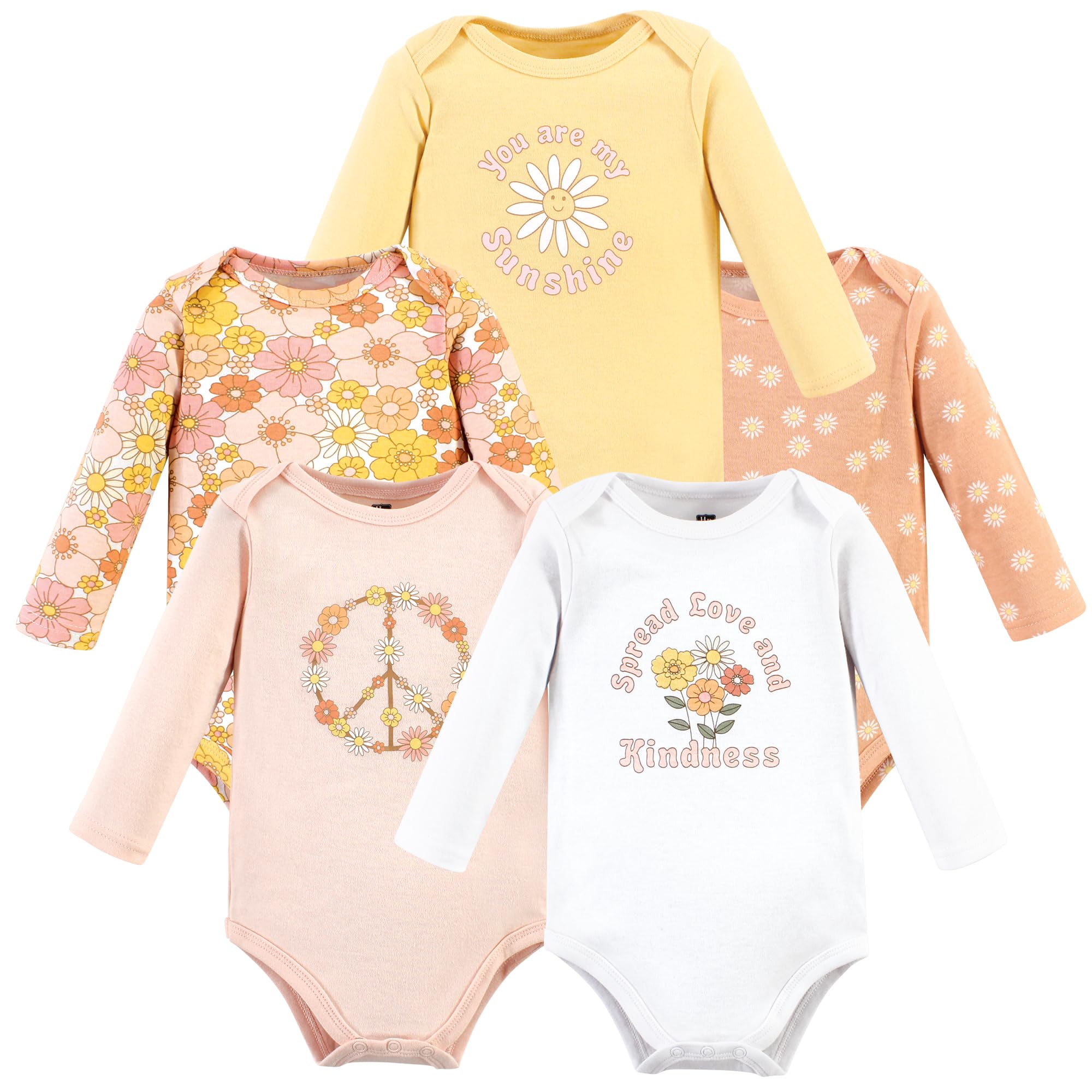 Soft Unisex Cotton Long-Sleeve Baby Bodysuits - Hudson Baby Peace Love Flowers Print | Newborn Essentials for Playtime, Daycare & Family Photos