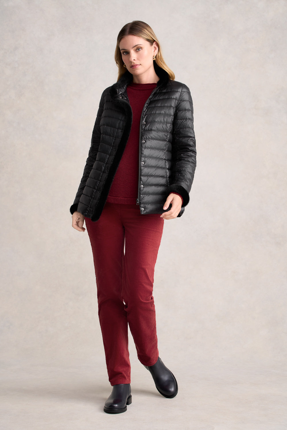 Women's Black Faux Fur Trim Puffer Jacket - Winter Warm Coat with Soft Faux Fur Hood for Cold Weather Fashion