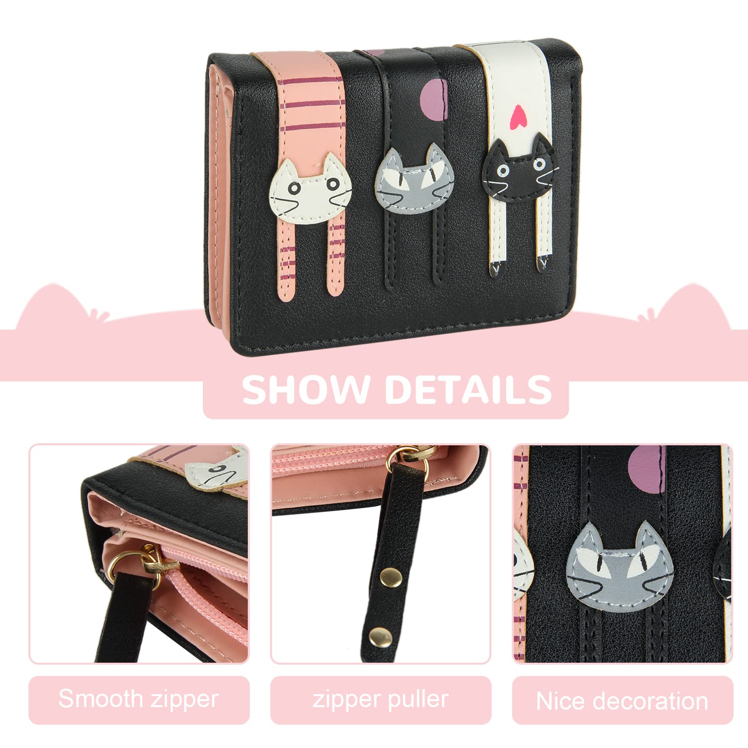 EVEOUT Women's Wallet PU Leather Bifold Purse with Coin Pocket & Card Slots - Stylish Compact Wallet for Everyday Use, Travel, and Gift Giving (Black)