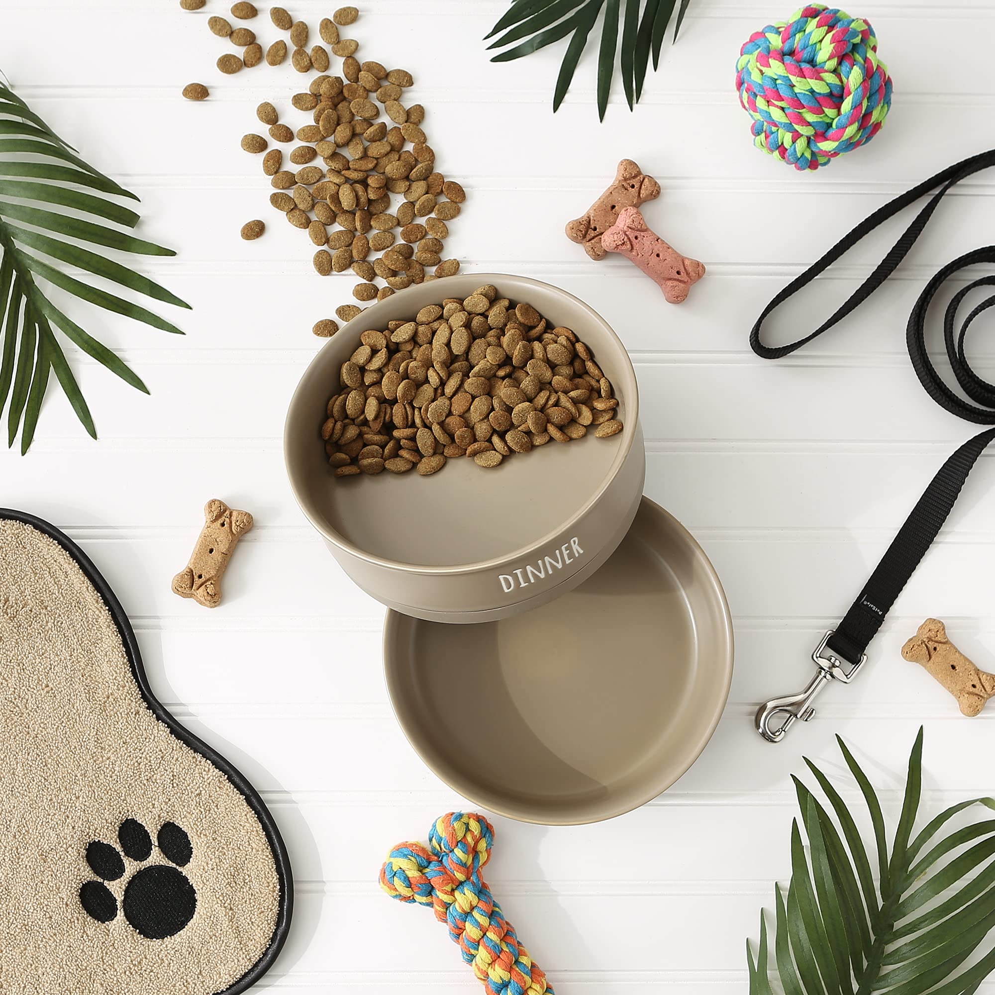 Bone Dry Ceramic Pet Bowls for Dogs & Cats - Non-Slip, Dishwasher & Microwave Safe - Large Stone Pet Food & Water Bowls (7.5x2.4 Inches, Set of 2) - Perfect for Mess-Free Feeding at Home or Travel