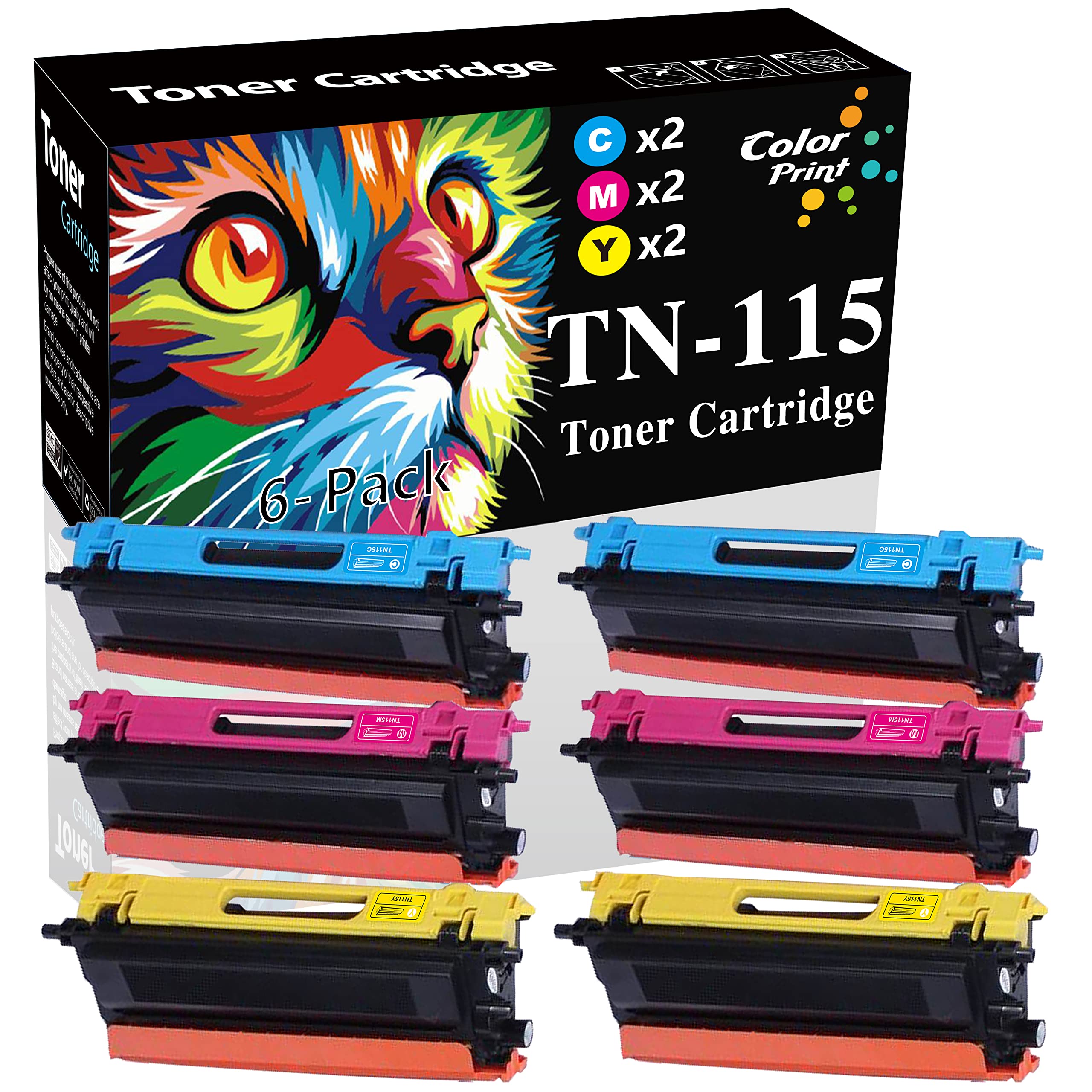 6-Pack Brother TN-115 Compatible Toner Cartridges (2C, 2M, 2Y) - Replacement for TN115 - Works with DCP-9040CN, 9045CDN, HL-4040CN, HL-4070CDW & More - High-Quality ColorPrint Technology - Perfect for Office Printing, Home Use & Small Business Documents