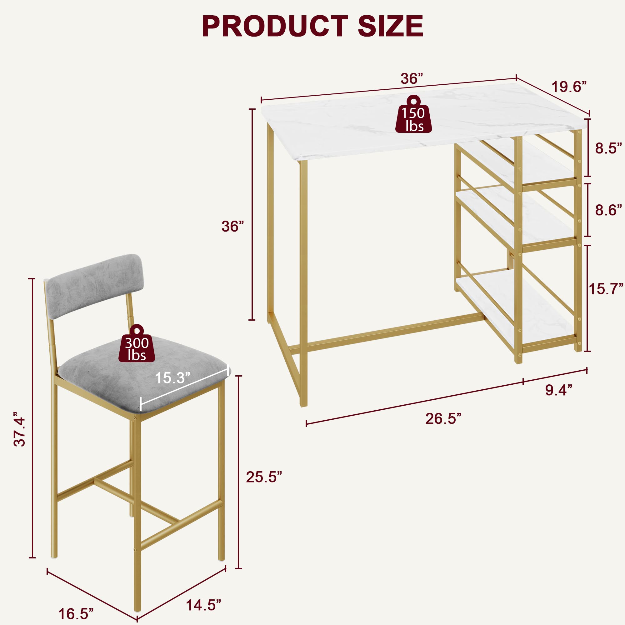 **IDEALHOUSE 3-Piece Counter Height Dining Table Set for 2 - Kitchen Bar Table with 2 Velvet Bar Stools, Small Space & Apartment Friendly in Gray, Gold & White - Perfect for Breakfast Nooks, Studio Apartments & Cozy Dining**