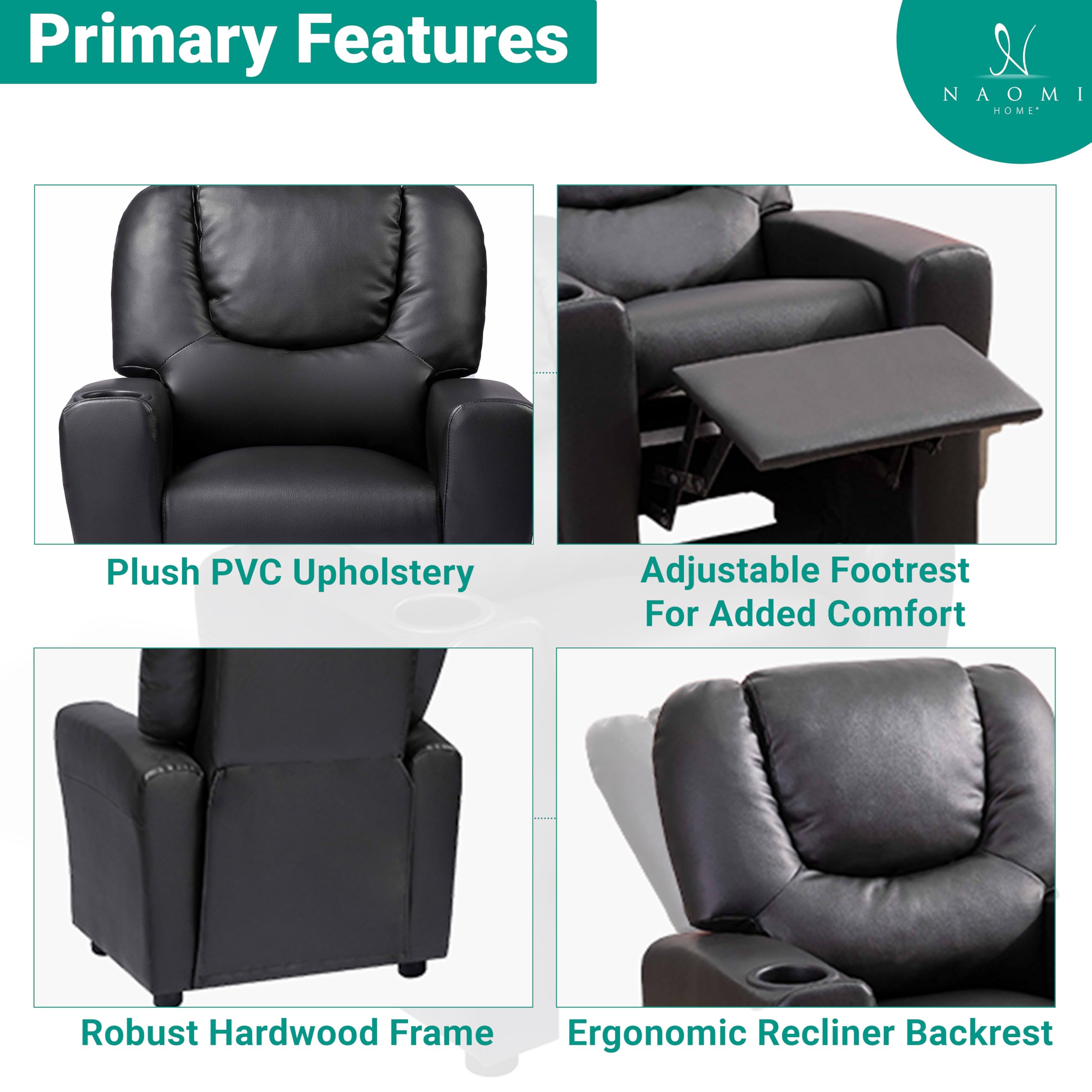 Naomi Home Suri Push Back Kids Recliner Chair with Footrest & Cup Holders - Toddler Recliner for Boys & Girls Age 3+ - PVC Upholstery - Perfect for Playroom, Bedroom or Family Room Relaxation
