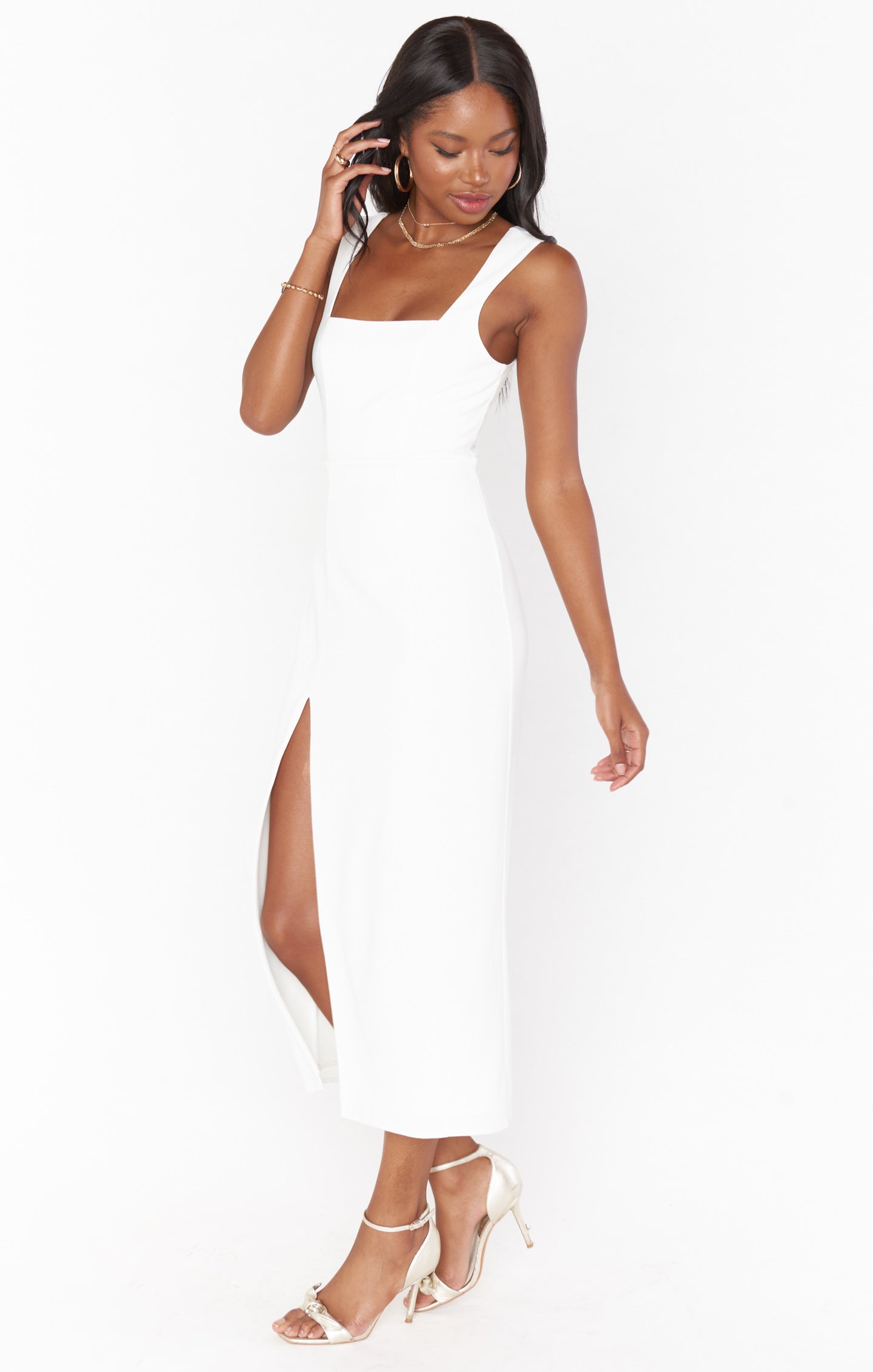 Eden Midi Dress - White Stretch Flowy Summer Dress for Women | Casual & Party Wear | Perfect for Beach, Date Night & Office Outfits