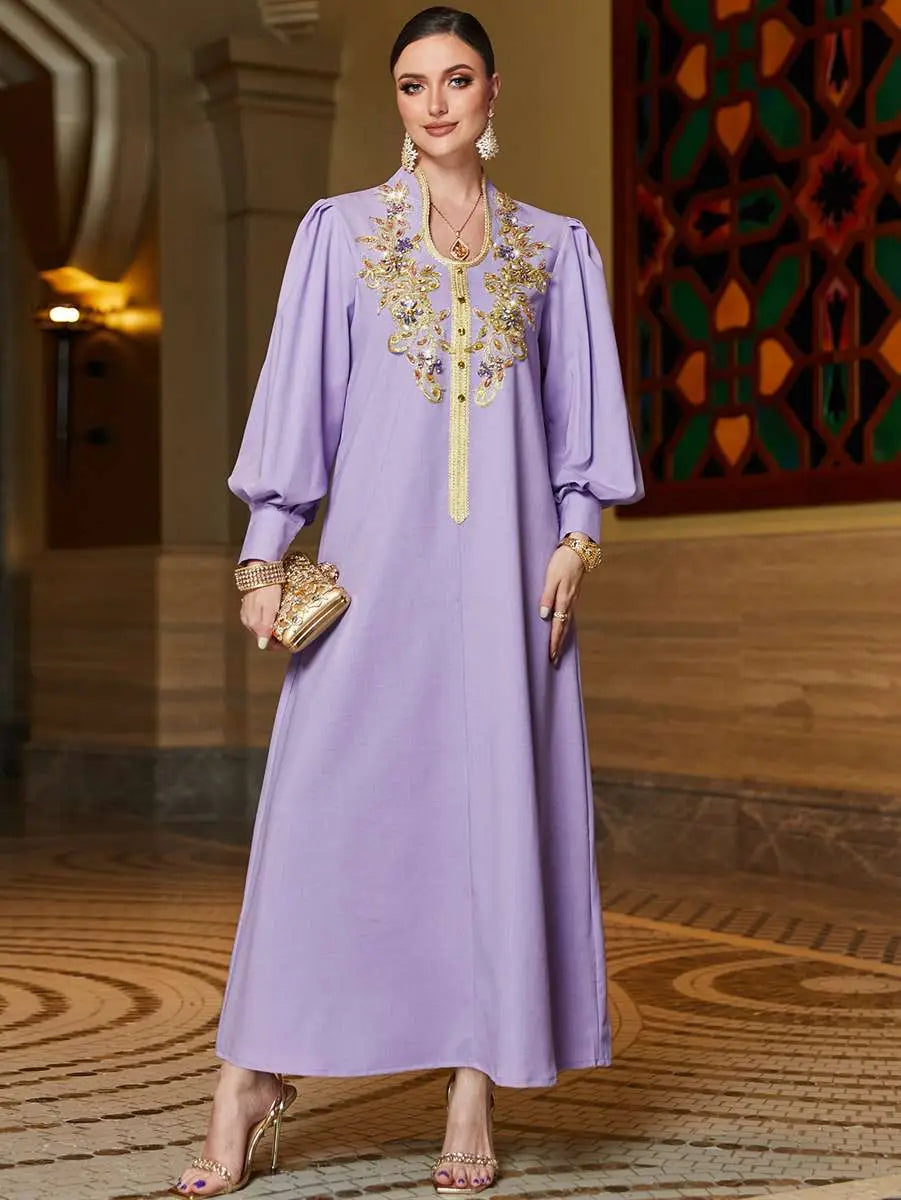 Elegant Hand-Stitched Rhinestone Lace Applique Caftan Dress for Women | Boho Chic Beach Cover Up, Evening Gown & Summer Party Wear